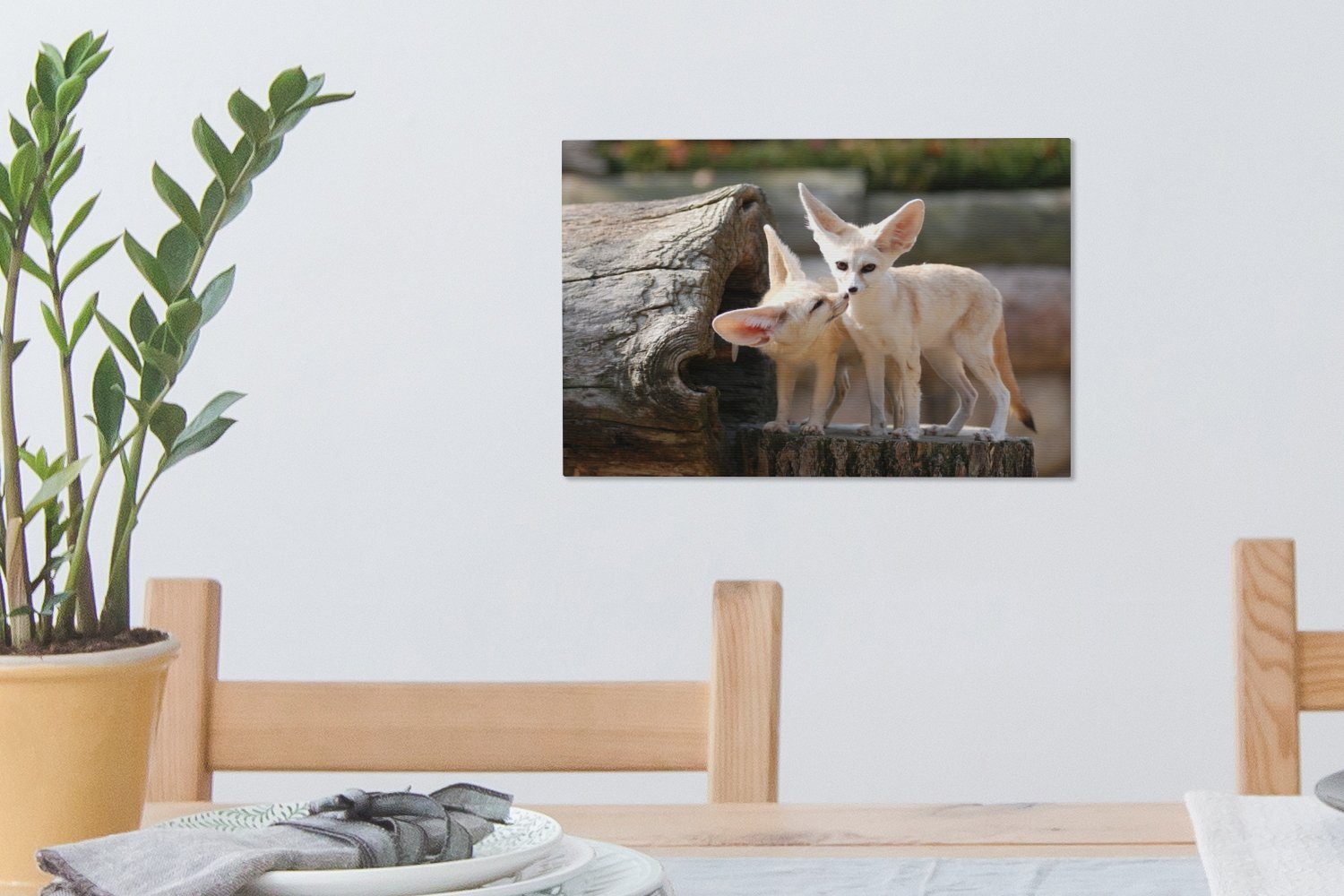 OneMillionCanvasses® Leinwandbild Füchse - Wandbild Baumstamm Aufhängefertig, cm 30x20 Leinwandbilder, Natur, - (1 Wanddeko, St)