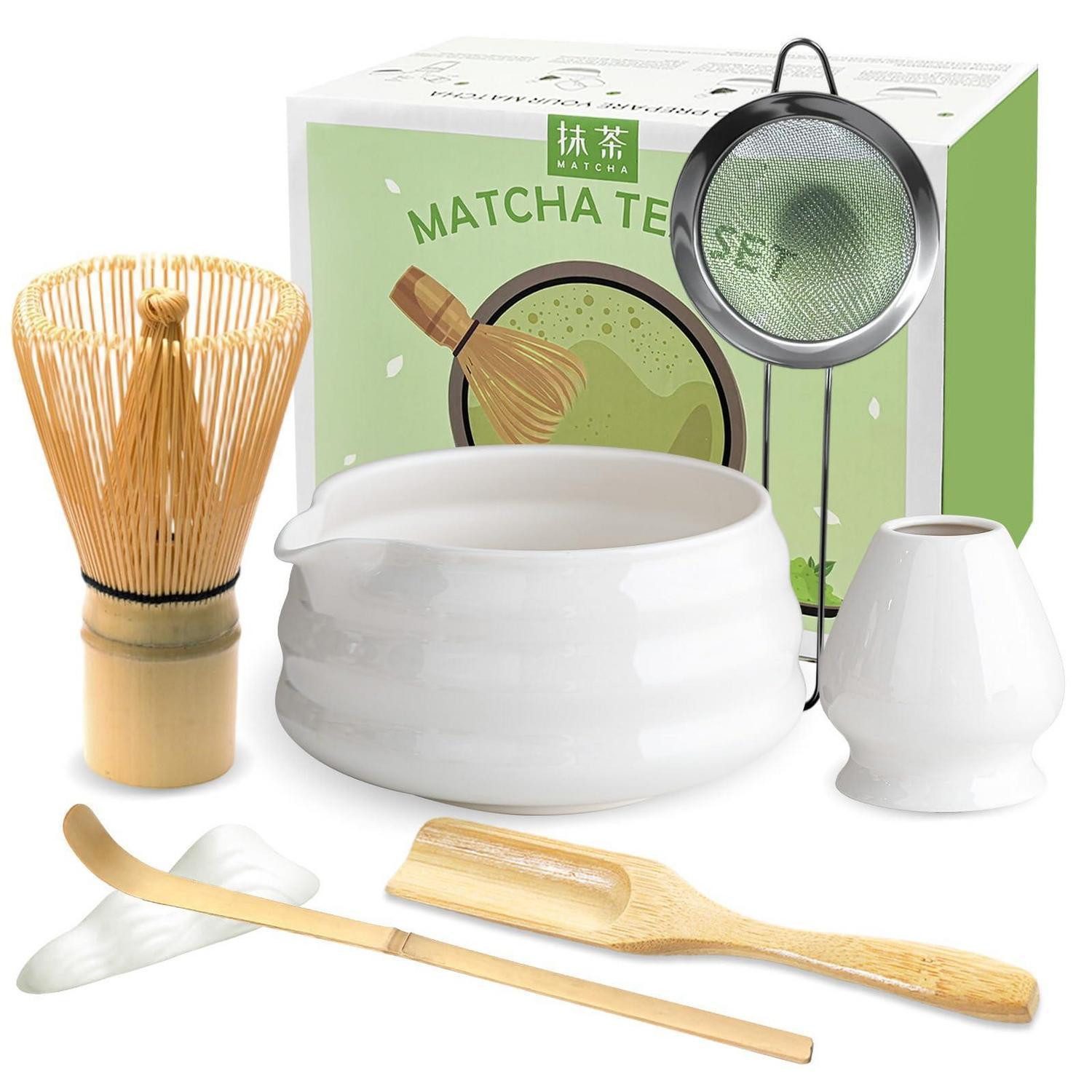LuxusKollektion Schüssel Matcha Set 7-teilig Keramik weiß mit Bambusbesen, Keramik