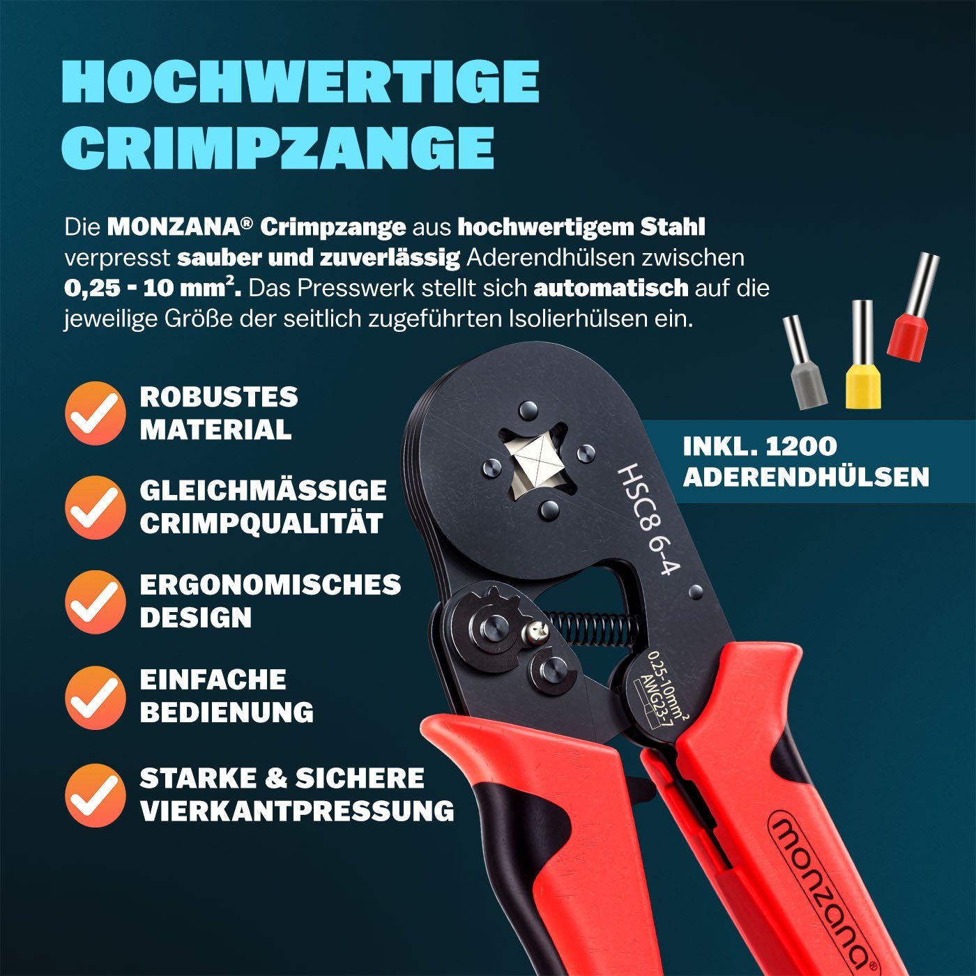 monzana Crimpzange, Crimpzange 0,5-10mm² Presszange 1200 Aderendhülsenzange Aderendhülsen