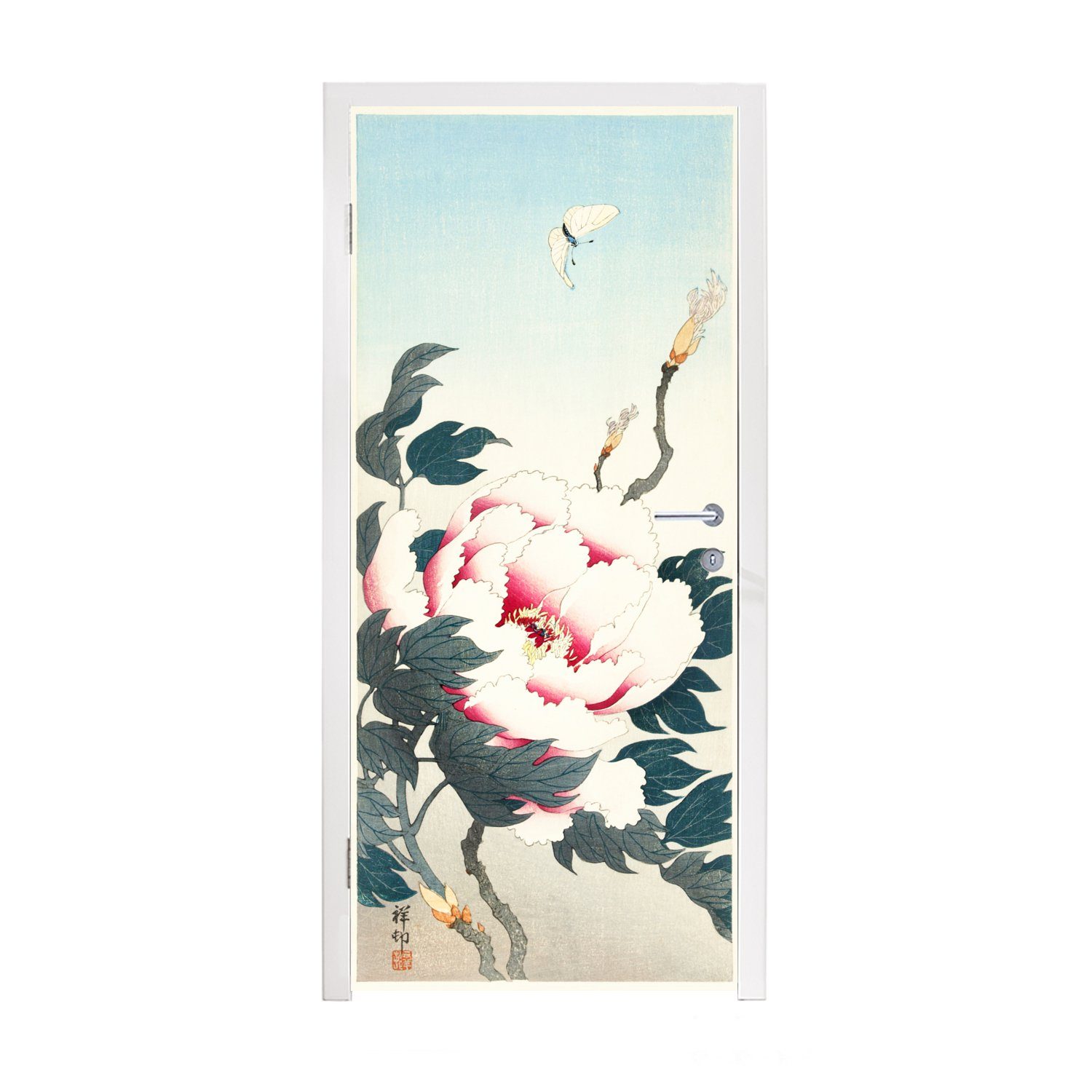 MuchoWow Türtapete Pfingstrose mit Schmetterling cm (1 Matt, für von 75x205 Gemälde Türaufkleber, St), - bedruckt, Fototapete Ohara Koson, Tür