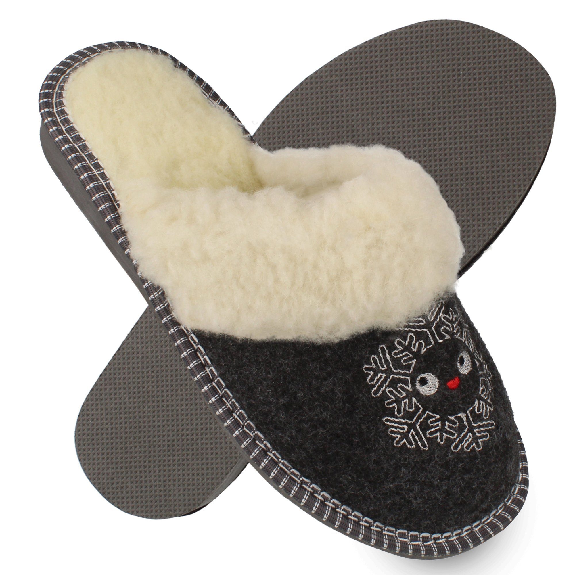 filsko Hübsche Winter-Pantoffeln mit Schneeflocken Hausschuh mit Schafwolle