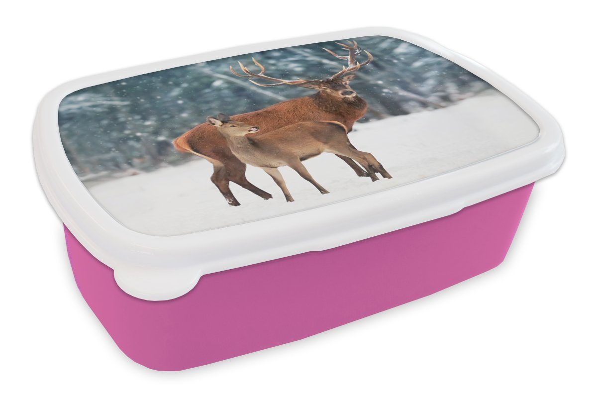MuchoWow Lunchbox Hirsche - Wald - Schnee, Kunststoff, (2-tlg), Brotbox für Erwachsene, Brotdose Kinder, Snackbox, Mädchen, Kunststoff rosa
