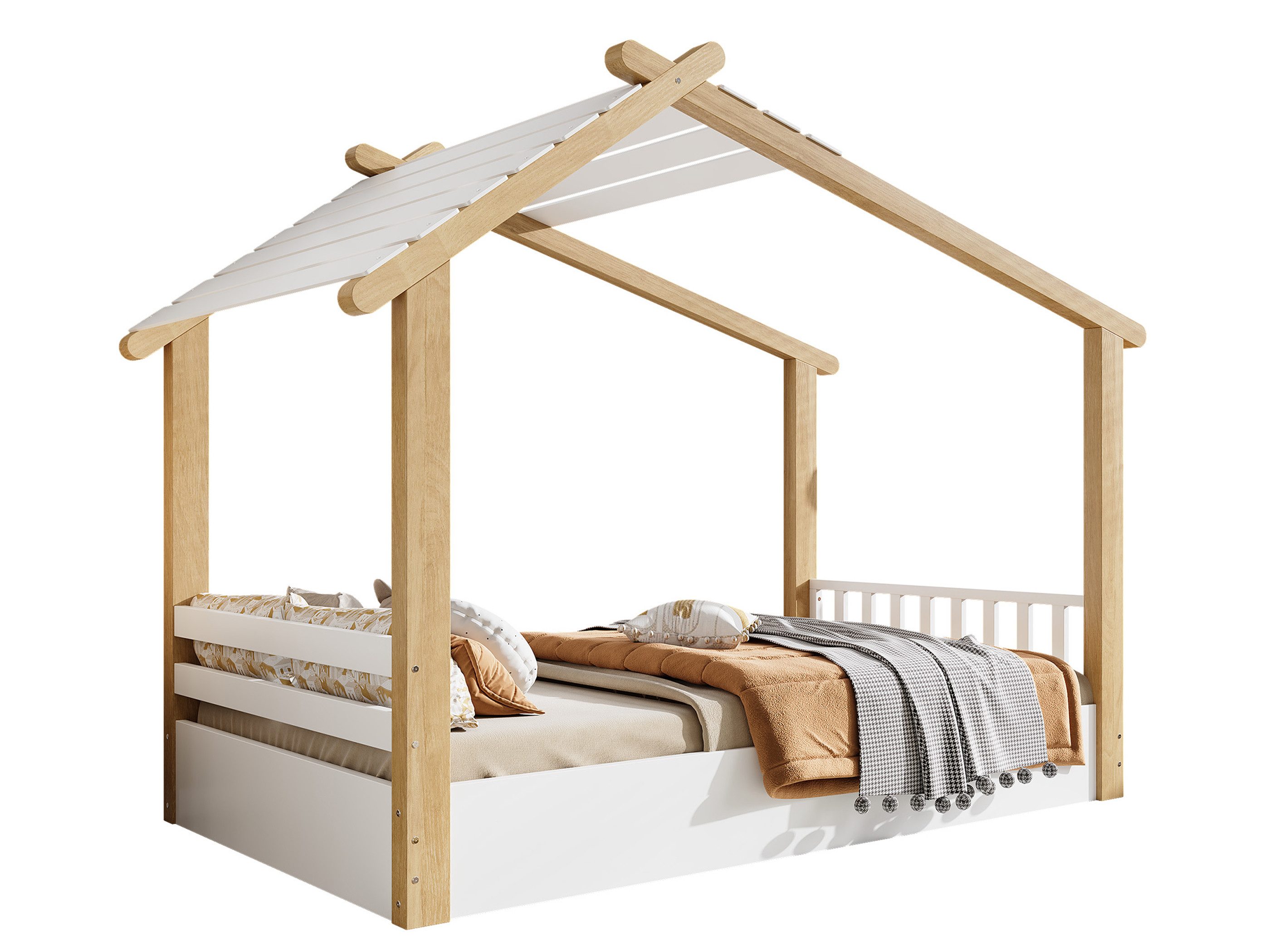 SeedWave Holzbett Hausförmiges Kinderbett mit 1 Liegefläche, Erhöhte Bretter, 90×200cm, Bodenbett mit dekorativem Dach