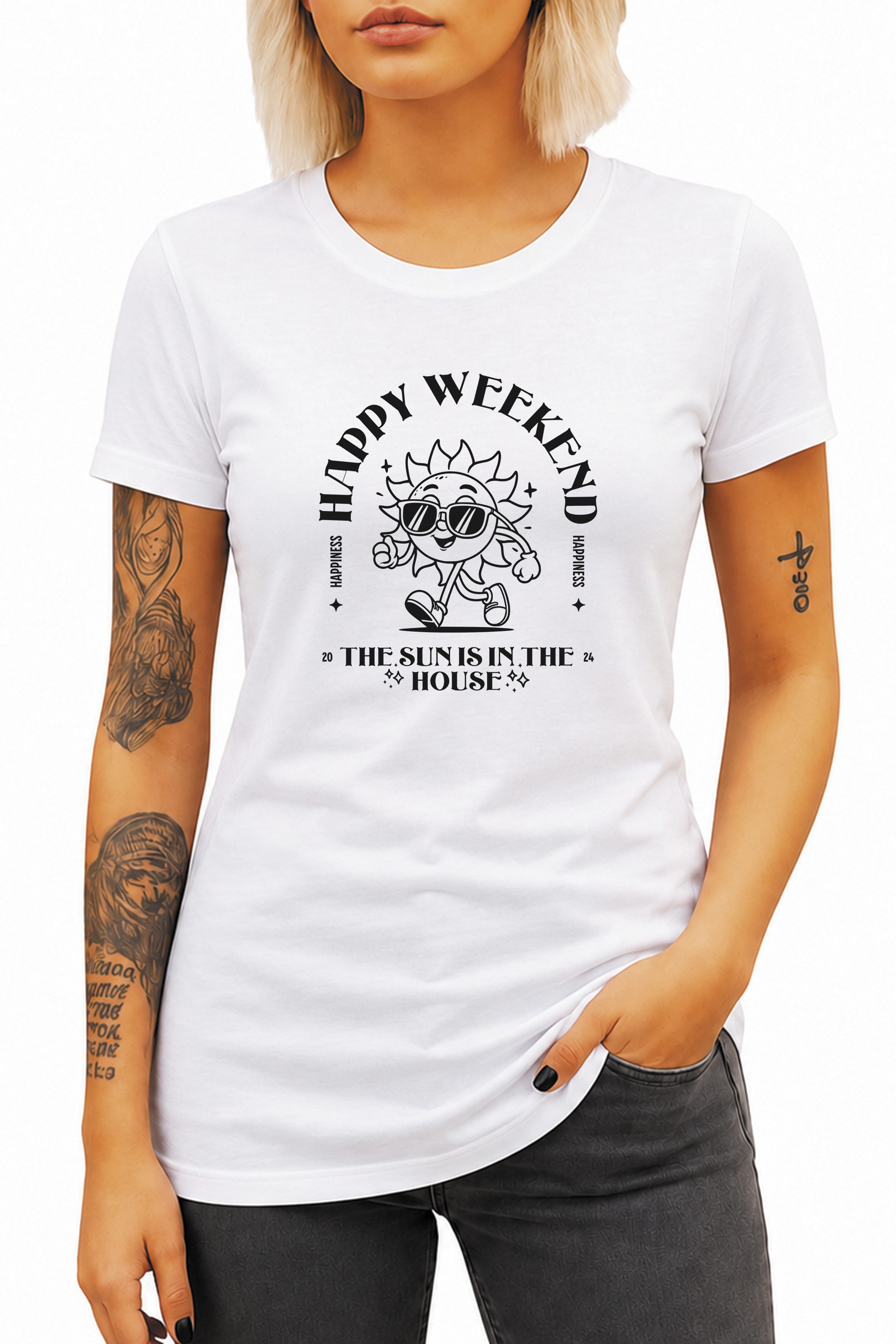 Banco T-Shirt Damen Happy Weekend Sonnen-Print Rundhals Baumwolle 100% Baumwolle