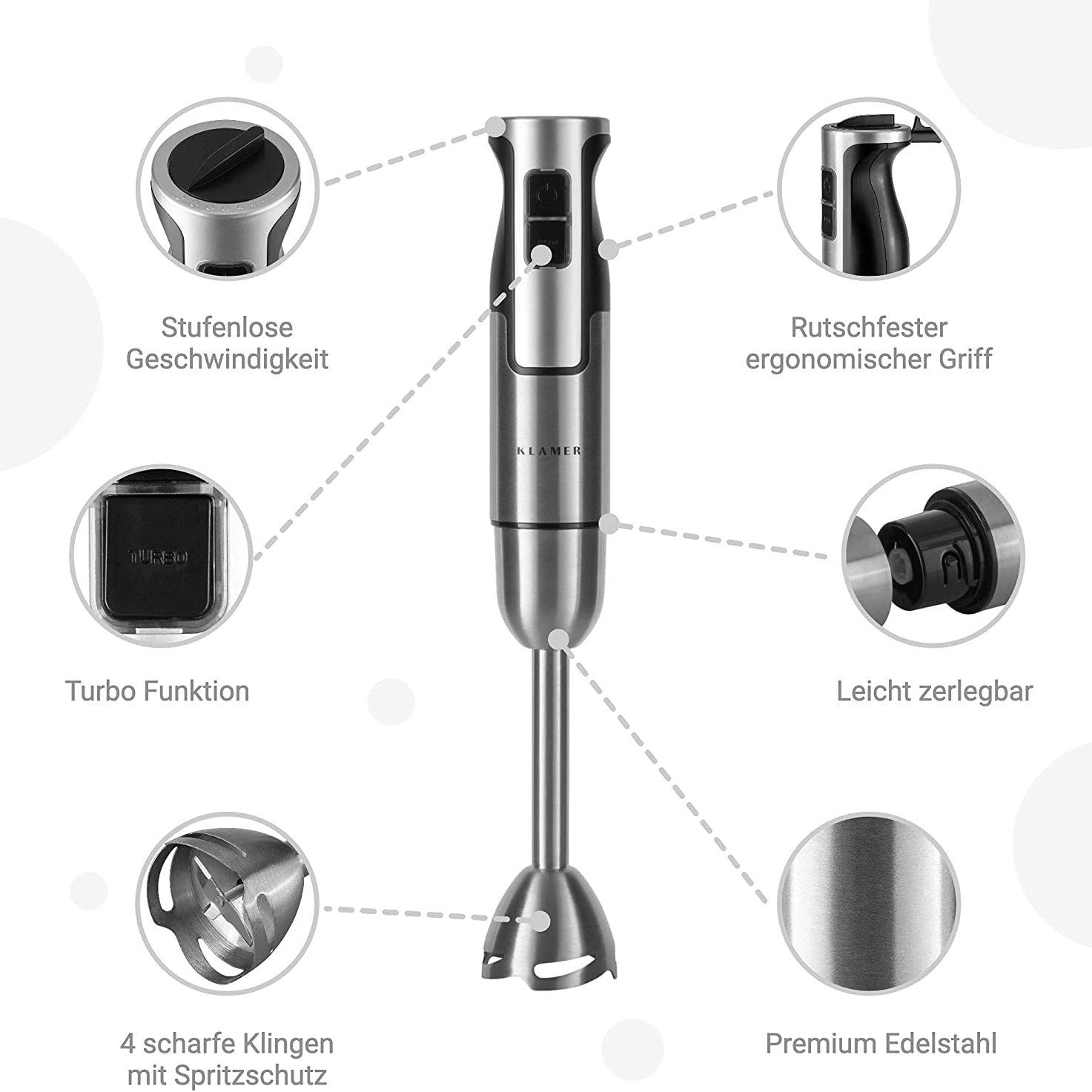 KLAMER Stabmixer Set 800 Watt, 4 in 1 Pürierstab Edelstahl mit stufenloser Geschwindig…, 800 W, Kindersicher, stufenlos regelbar, Quick-Lock-Turn-System, 4 Klingen