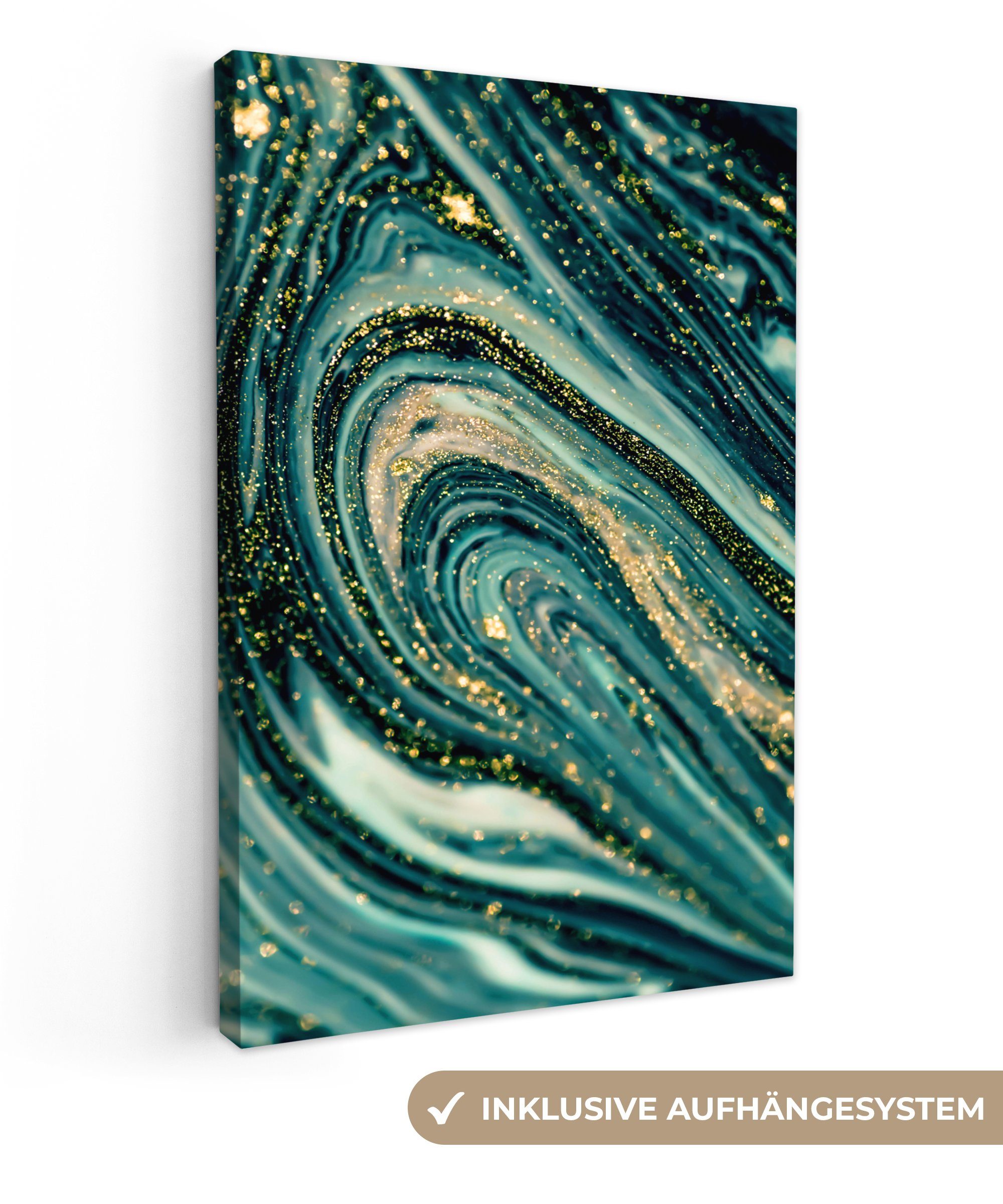 OneMillionCanvasses® Leinwandbild Marmoroptik - Luxus - Gold - Türkis - Glitzer, Marmor - Glitter (1 St), Wandbild für alle Wohnbereiche, Gemälde, XXL, großes, 80x120 cm