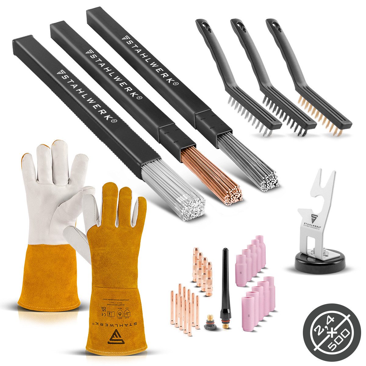 Elektrowerkzeug-Set WIG Set WP 26 Zubehör Halter Handschuhe Bürsten 3 x Schweißstäbe 2,4mm