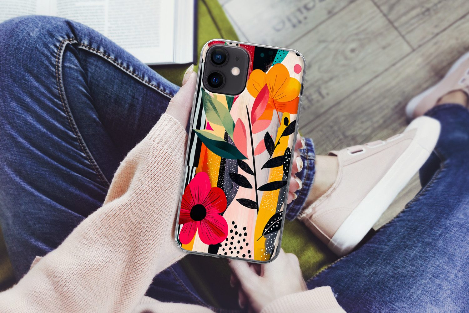 MuchoWow Handyhülle für Apple iPhone 12 Blumen - Blätter - Abstrakt - Farbenfroh, Smartphone-Bumper, Print, Handy Schutzhülle Dünn