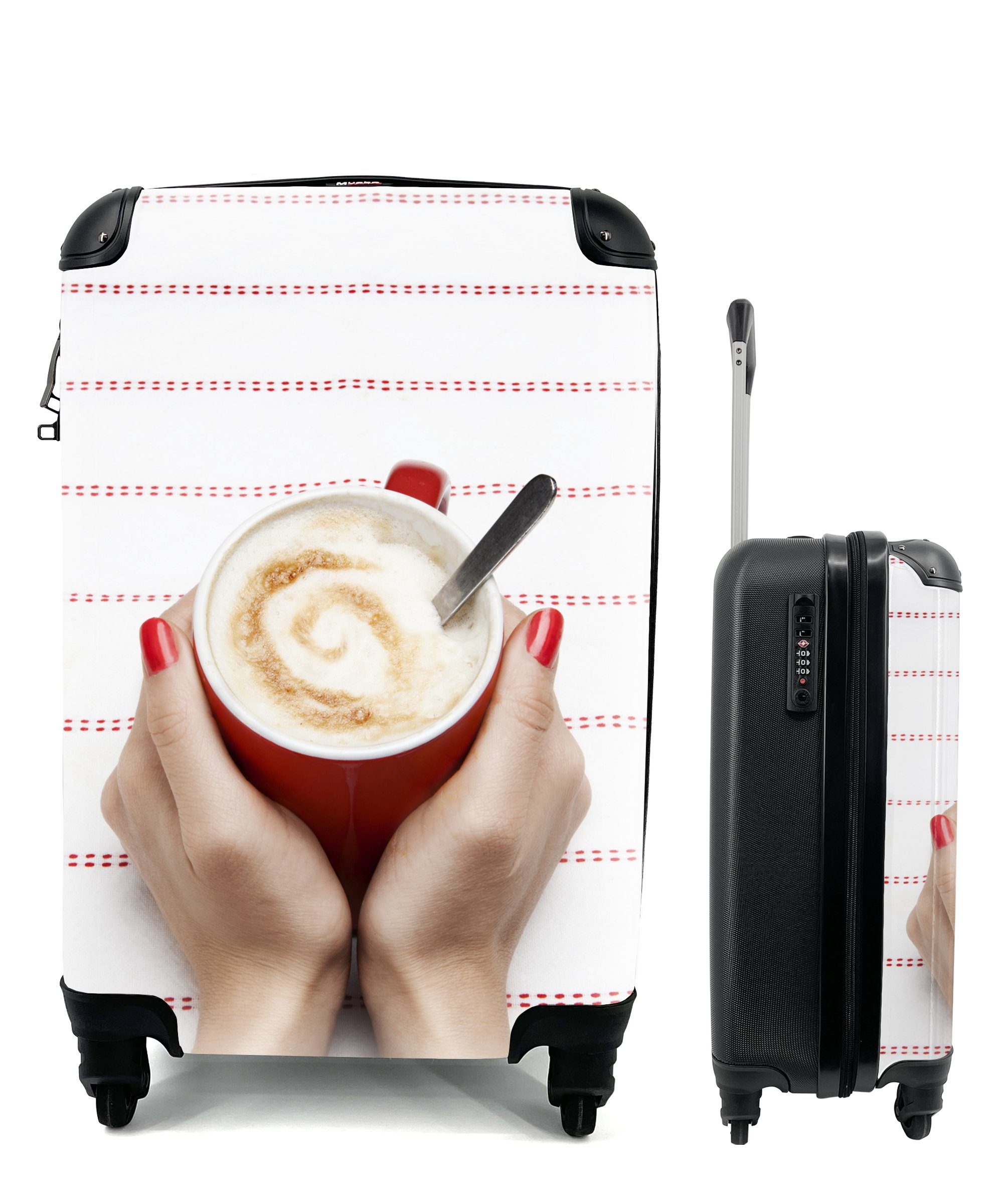 MuchoWow Handgepäckkoffer die der Rollen, Reisetasche Handgepäck für Reisekoffer rollen, Trolley, sind Hände Cappuccino Frau 4 gefaltet, Die Tasse mit Ferien, um