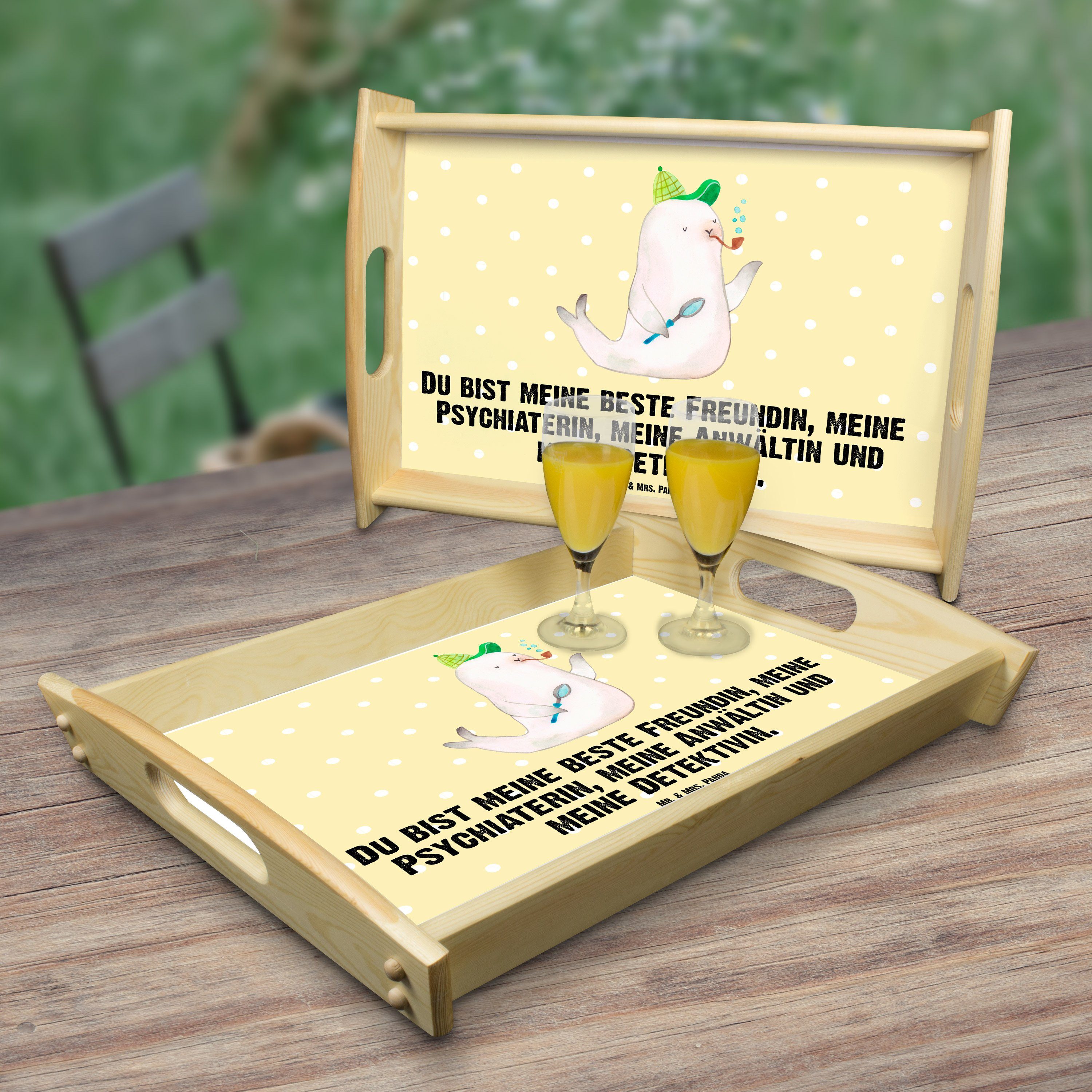 Mr. & Mrs. Panda Tablett lasiert, Geschenk, (1-tlg) - Echtholz Tiermotive, Robbe Sherlock Pastell lustige Gelb - Sprüche