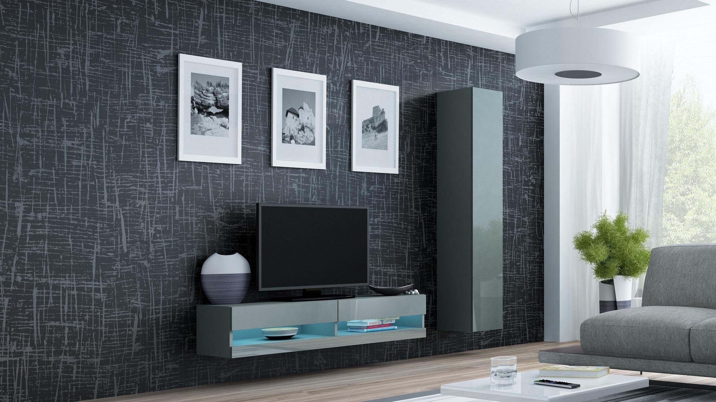 Stylefy Wohnwand Vago XIII 180x180x40, (Set (2-St), Wohnmöbel, Wohnzimmer-Set), bestehend aus 1xLowboard und 1xHängeschrank, inkl. LED-Beleuchtung, mit Push-to-Open, Modern Design Grau Matt - Grau Hochglanz