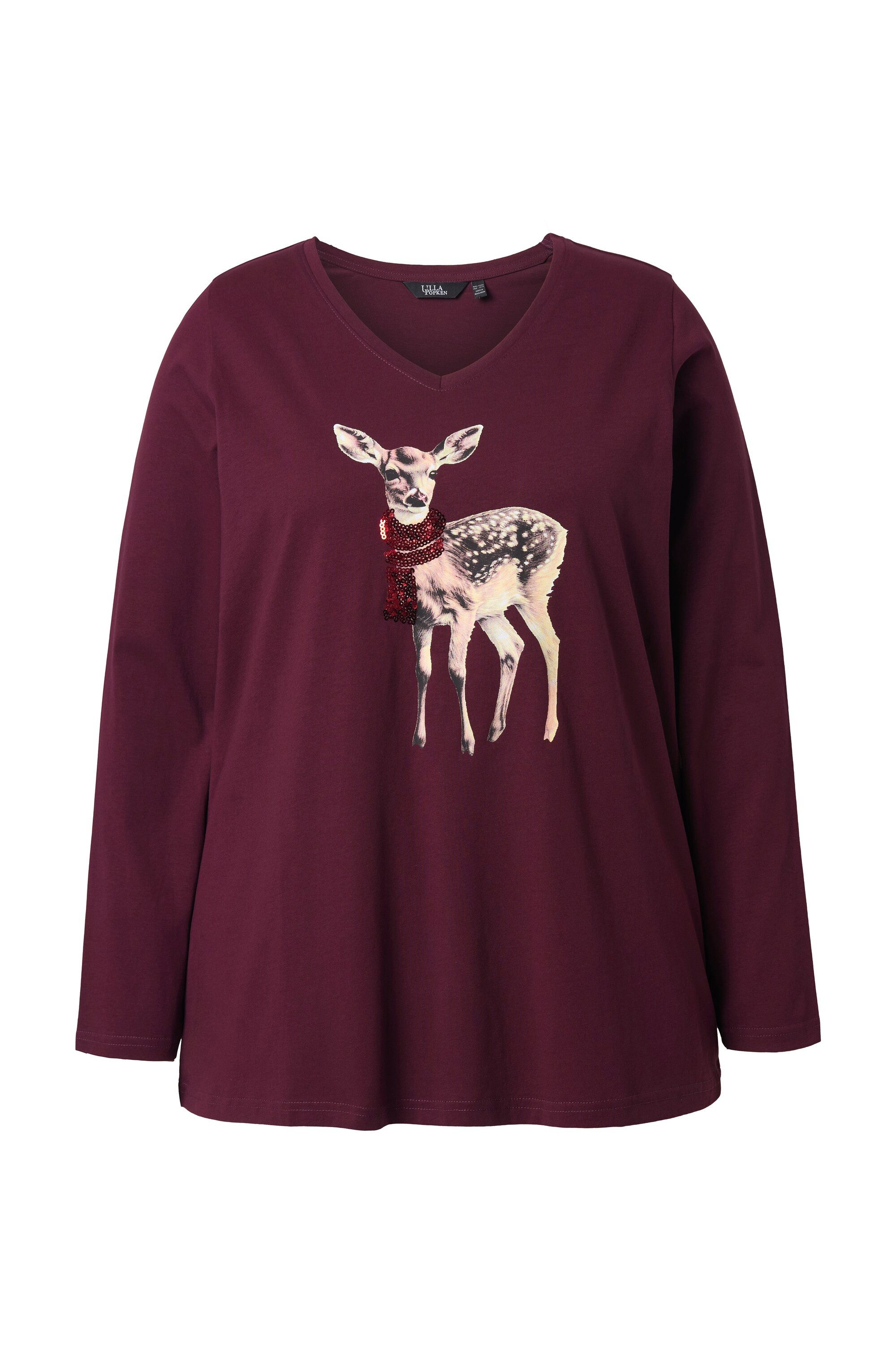 Ulla Popken Longsleeve Shirt Rehkitz Pailletten A-Linie V-Ausschnitt günstig online kaufen