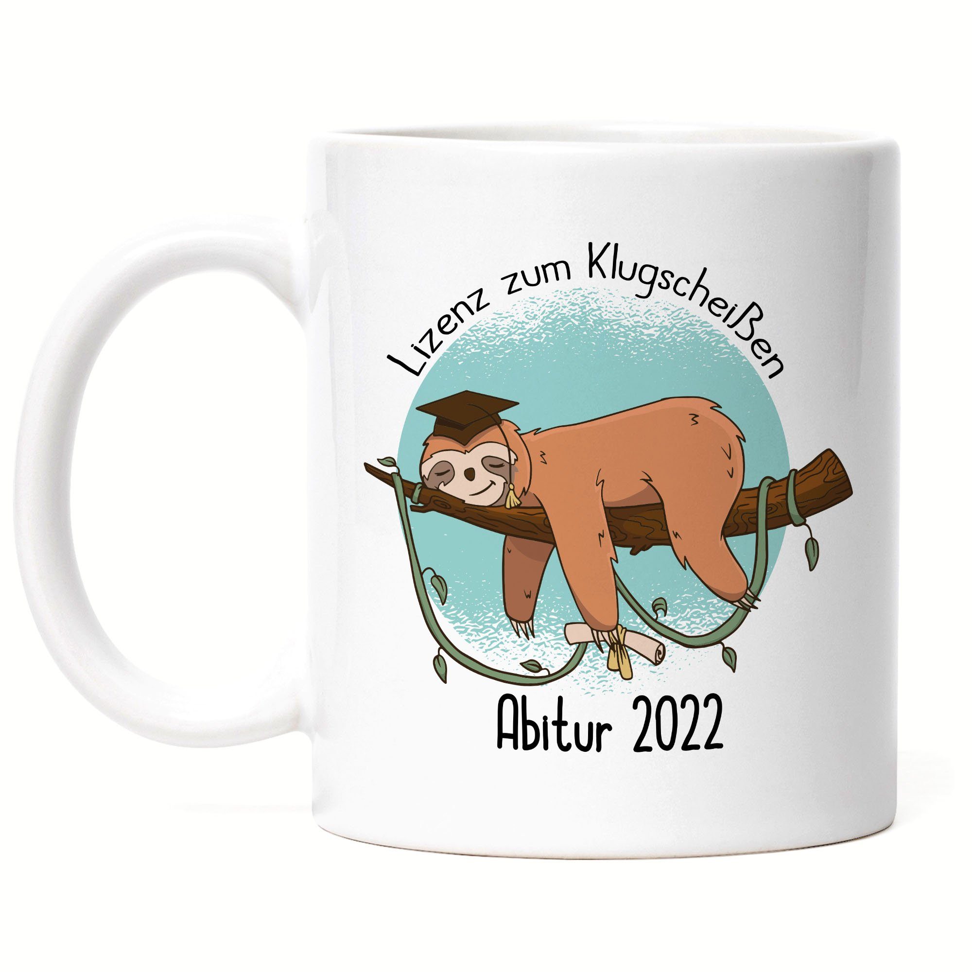 Hey!Print Tasse Abitur Tasse 2022 Schul-Abschluss Geschenk Faultier Kaffeetasse Bestandenes Abi, Keramik Weiß