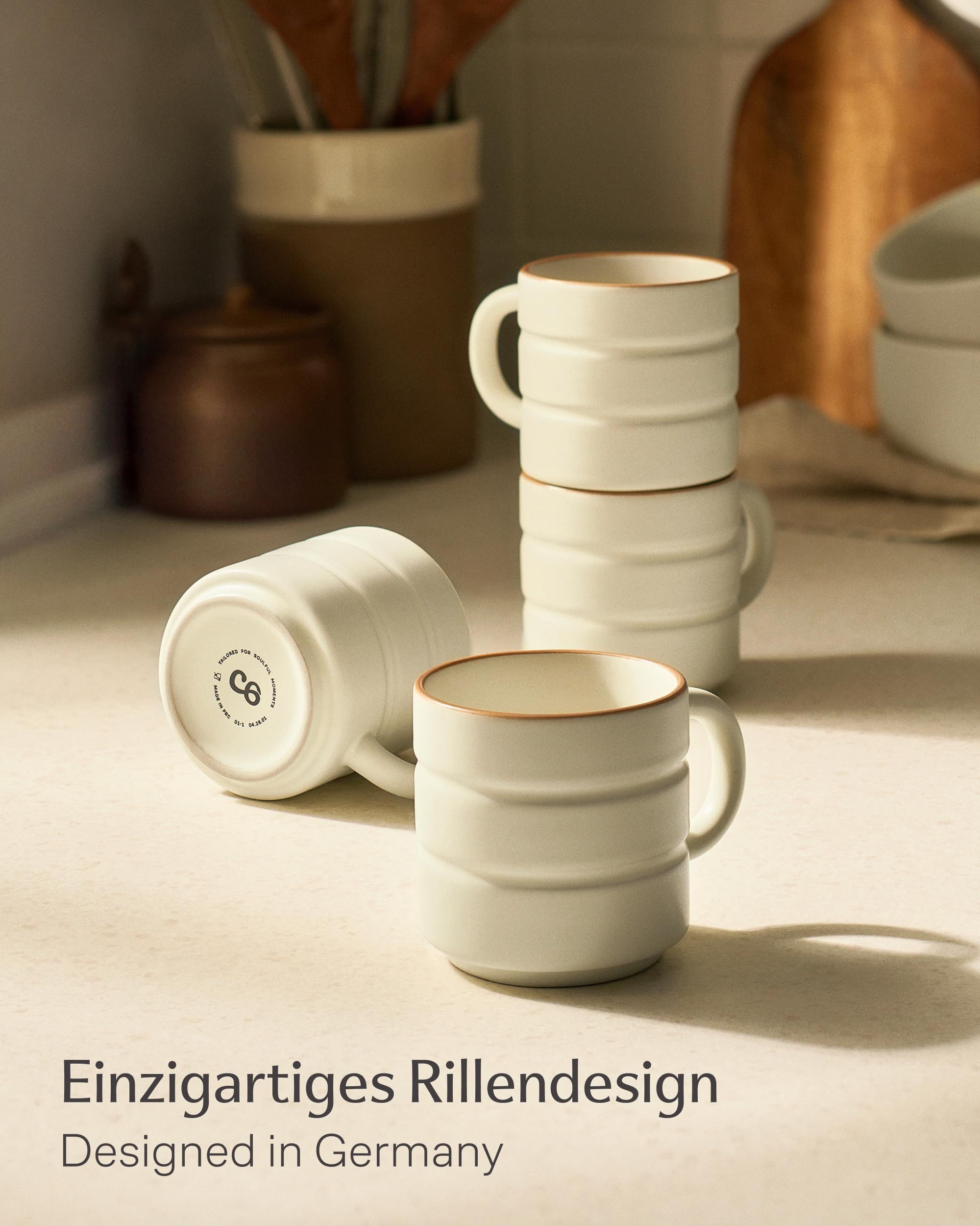 Cosumy Tasse Kaffeetassen Set 4 St. horizontal stapelbar Keramik - Rillenoptik, 4-tlg., Keramik, horizontal stapelbar, Rillenoptik, dickwandige Keramik, 4er-Set – Bild 5 von 5