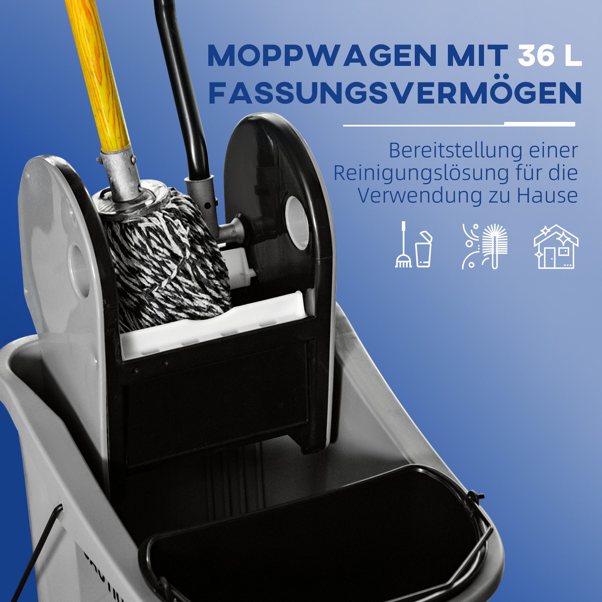HOMCOM Putzeimer mit Wringer Reinigungswagen, 4 bewegliche Räder, 2 separate Eimer, (Mop-Eimer, 1-tlg., Reinigungswagen), für Wohnzimmer, Grau
