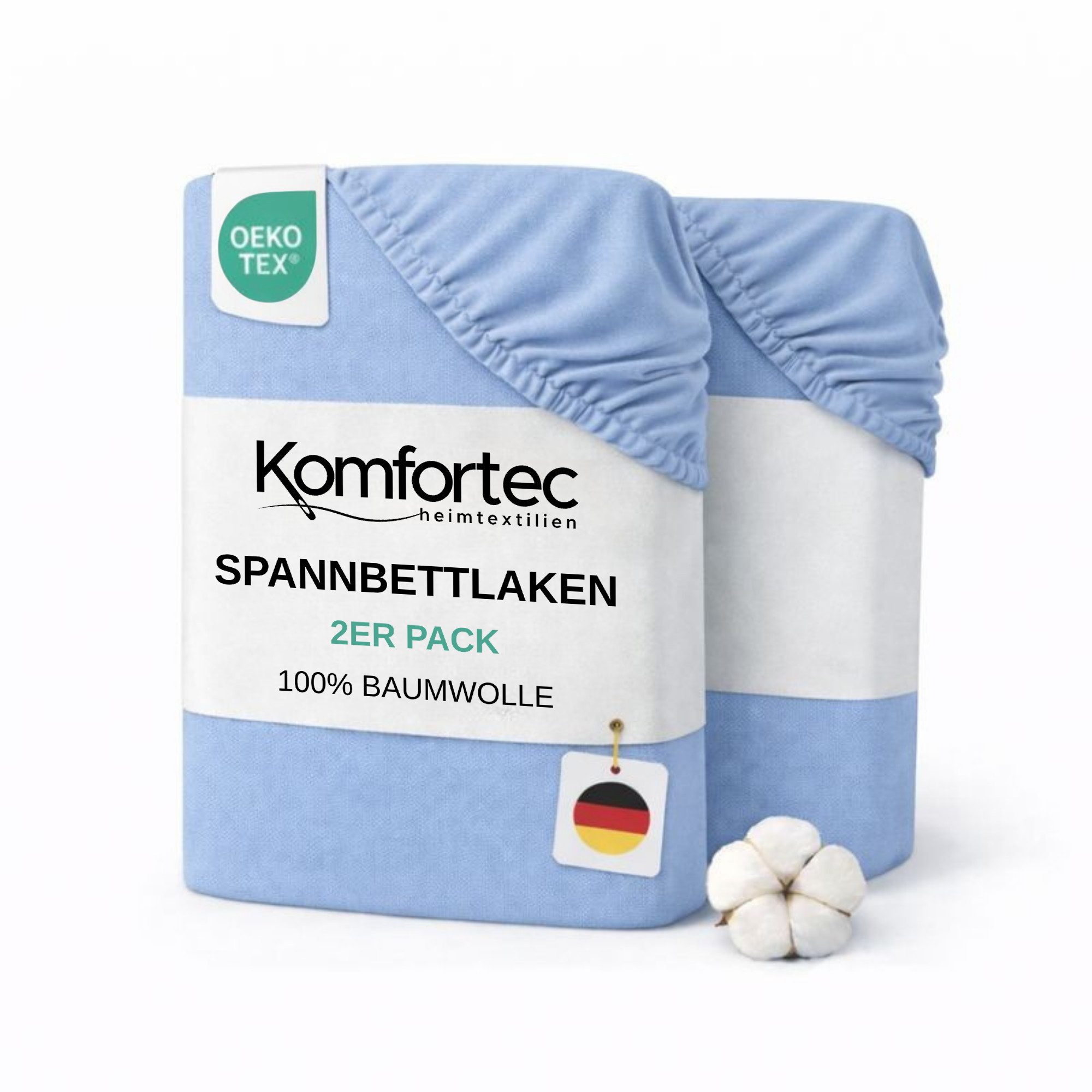 Komfortec Spannbettlaken Jersey Spannbettuch, 90x200, 140x200, 160x200, 180x200 oder 200x200 cm, 100% Baumwolle (135 g/m), Gummizug: Rundum, (2 Stück), OEKO-TEX® Standard 100 Zertifisiert, für Matratzen bis 25 cm Höhe