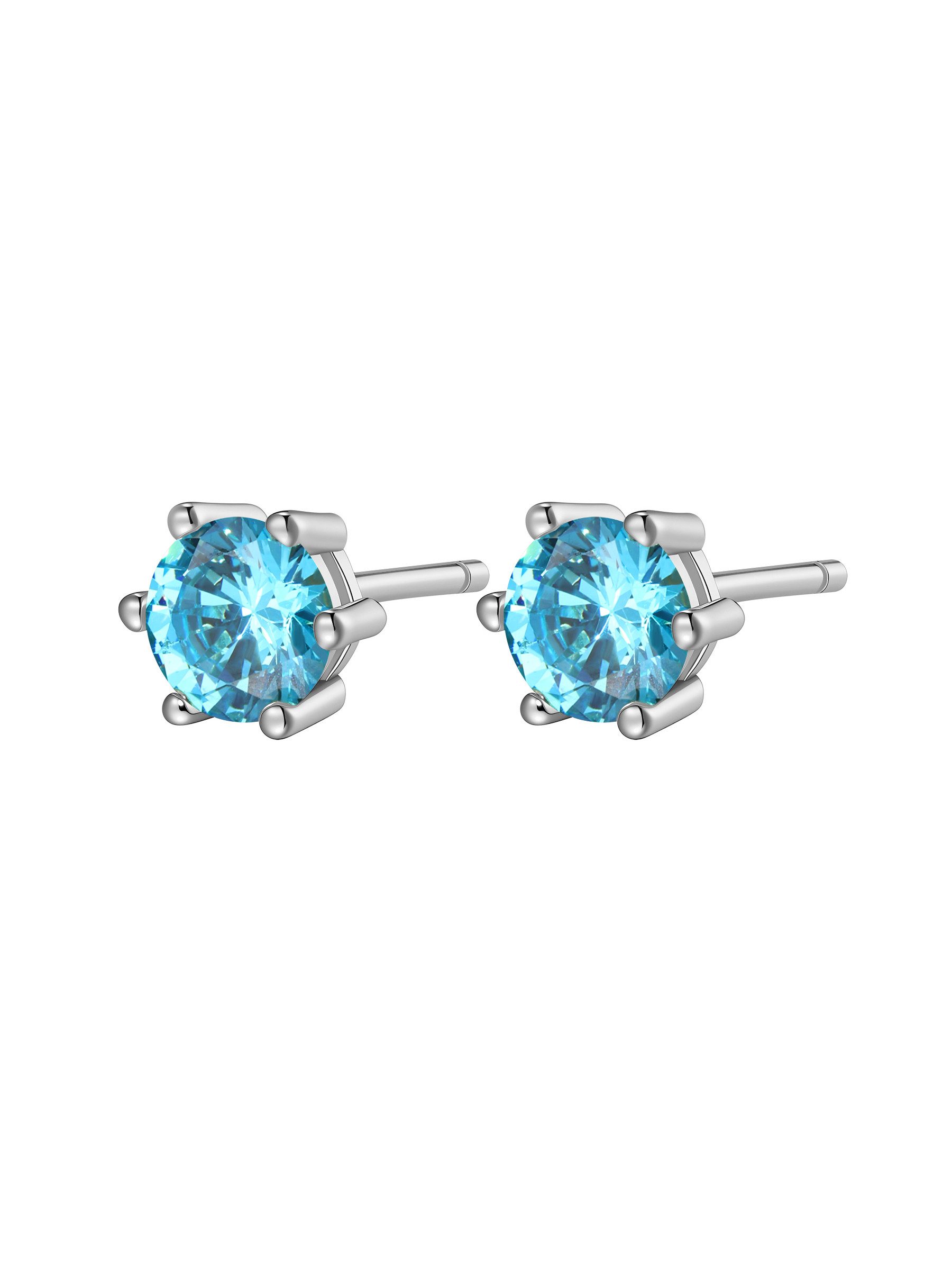 Hey Happiness Paar Ohrstecker Damen 925 Silber – 18K vergoldete Solitär Ohrringe mit blauem Zirkonia, runde blaue Ohrringe für Curated Ear, Geschenk für Frauen