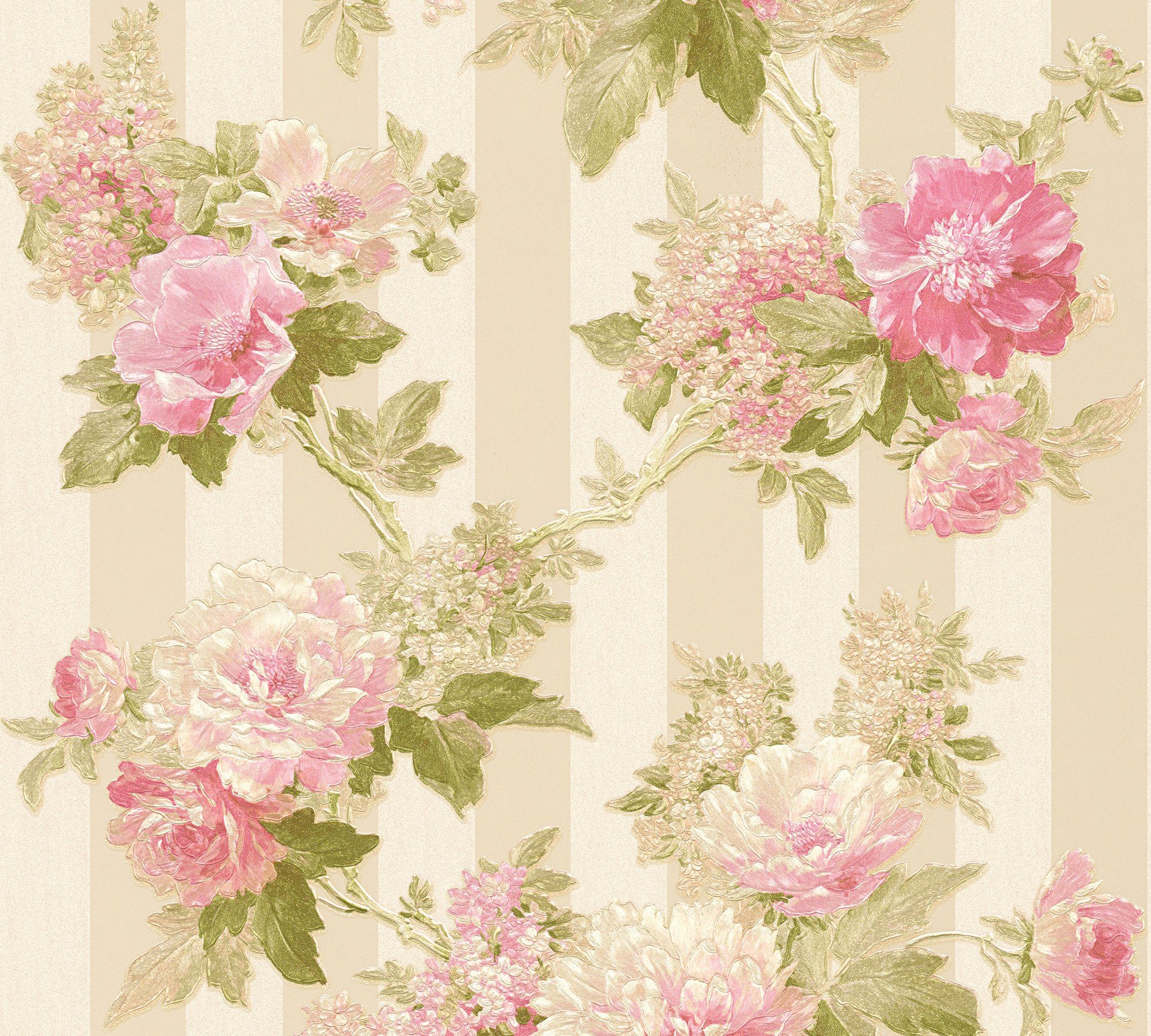 romantisch Tapete floral, Blumen Streifentapete Romantico bunt/creme Création floral, Vliestapete A.S.