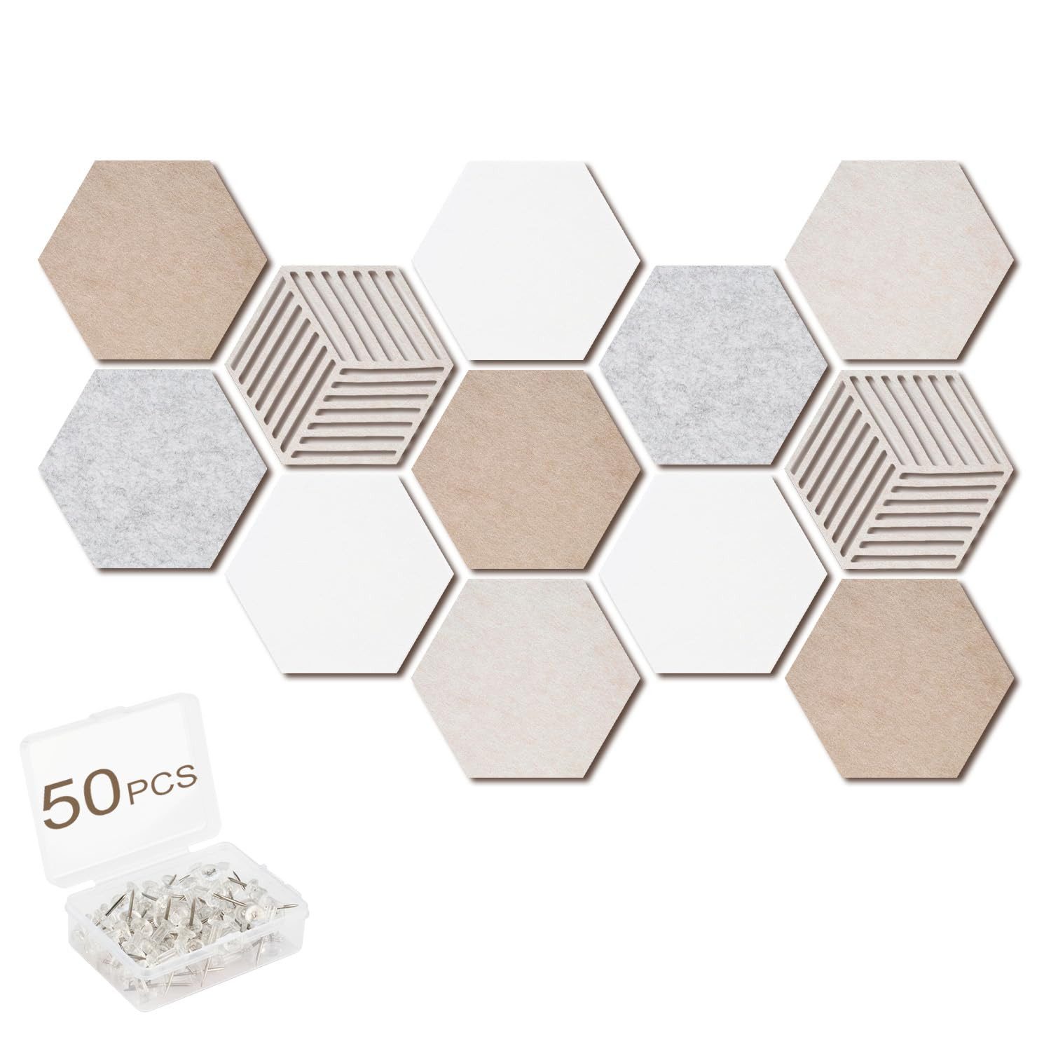 Agger Pinnwand Korktafel Memoboard Pinnwand 12 Stück Filz Pinnwand Sechseckig, Selbstklebende DIY Pinnwand Kork mit 50 Stück Durchsichtig Pushpins