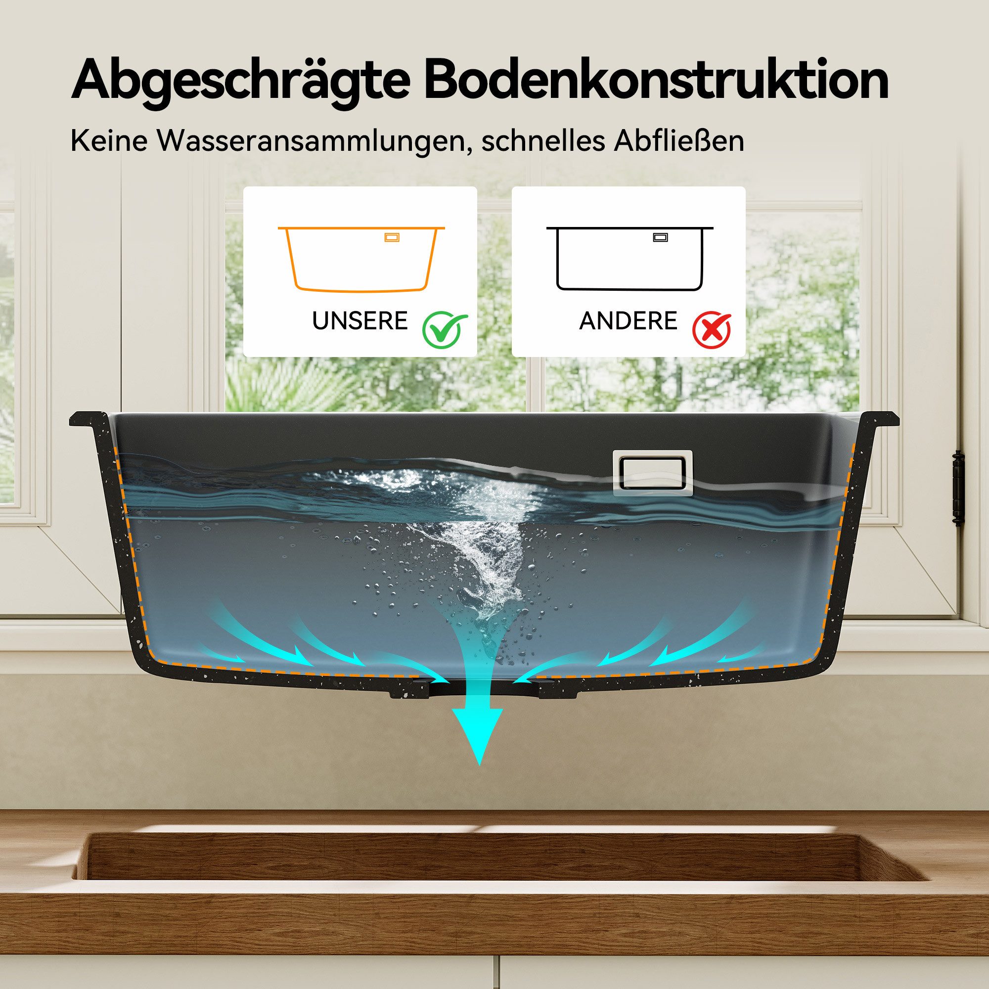 HOROW Granitspüle 60 ×45cm Spülbecken Küchenspüle aus Granit, 60/45 cm, (Schwarz 60 x 45 cm eckige Spülbecken), mit Siphon Ab- und Überlaufgarnitur – Bild 5 von 5