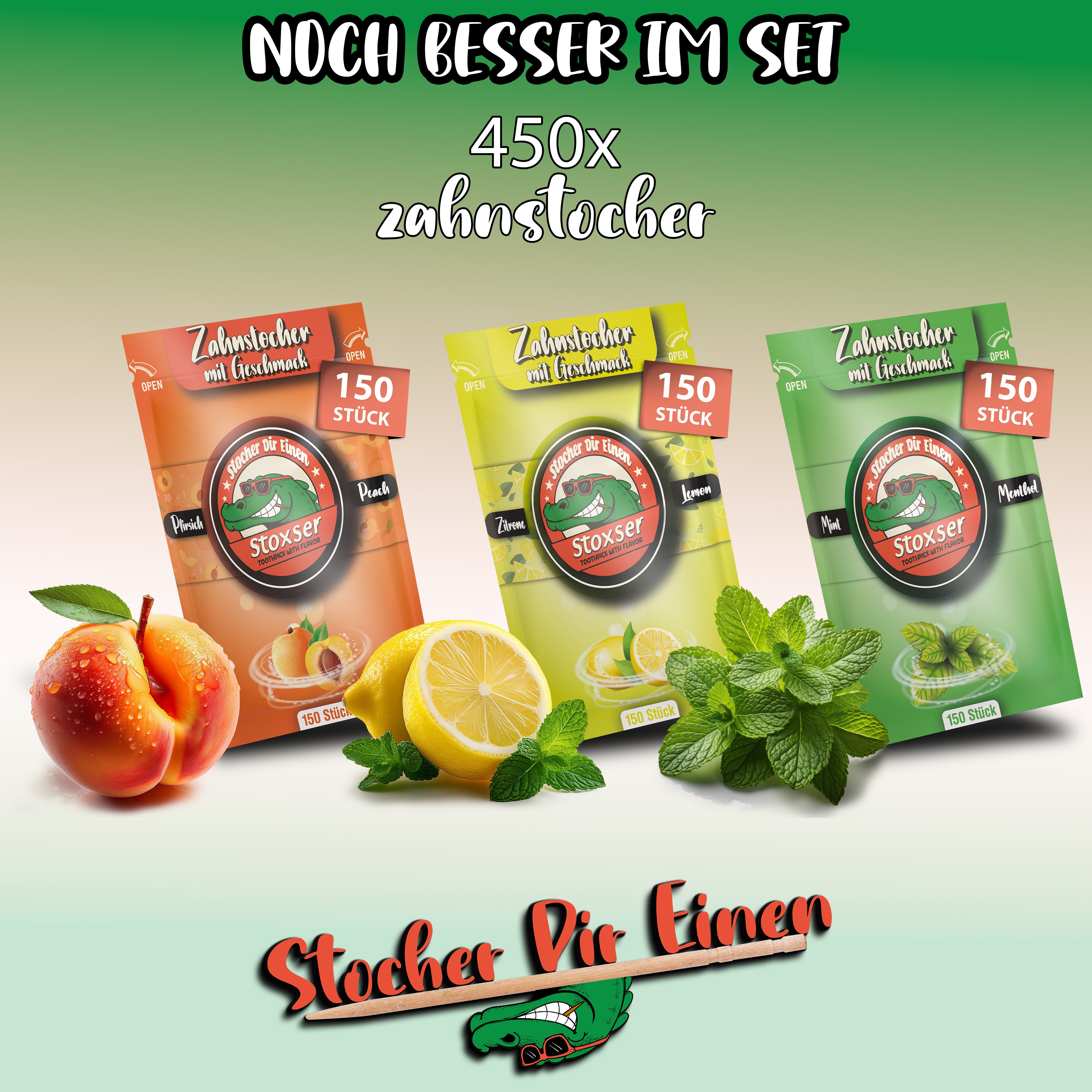 Stoxser Mundpflegecenter Stoxser 450x Zahnstocher mit Geschmack 3er Pack, 450 x Zahnstocher mit Geschmack im 3er Set, Kein Kaugummi Unterstützend zu Zahnpasta Zahnseide Zuckerfrei