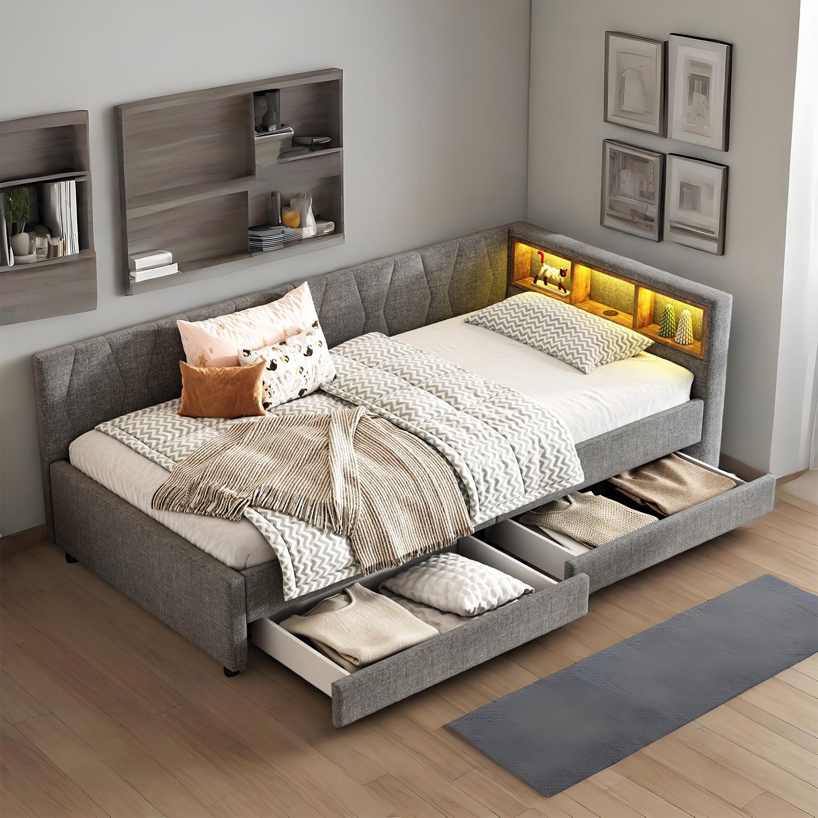 OKWISH Schlafsofa Polsterbett Stauraumbett, Kinderbett mit LED-Umgebungslic günstig online kaufen