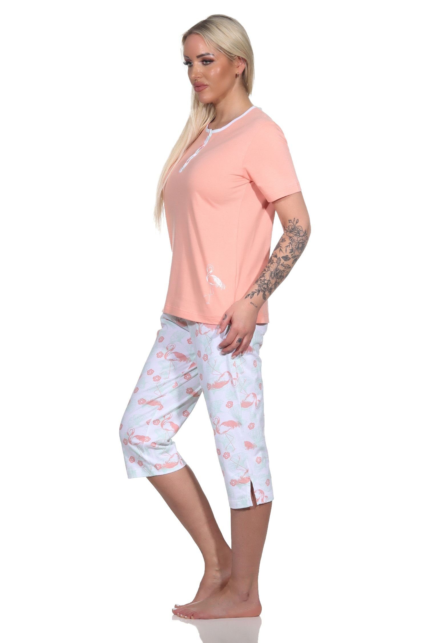 Pyjama kurzarm mit Damen Motiv Flamingo Capri apricot Pyjama Normann Schlafanzug