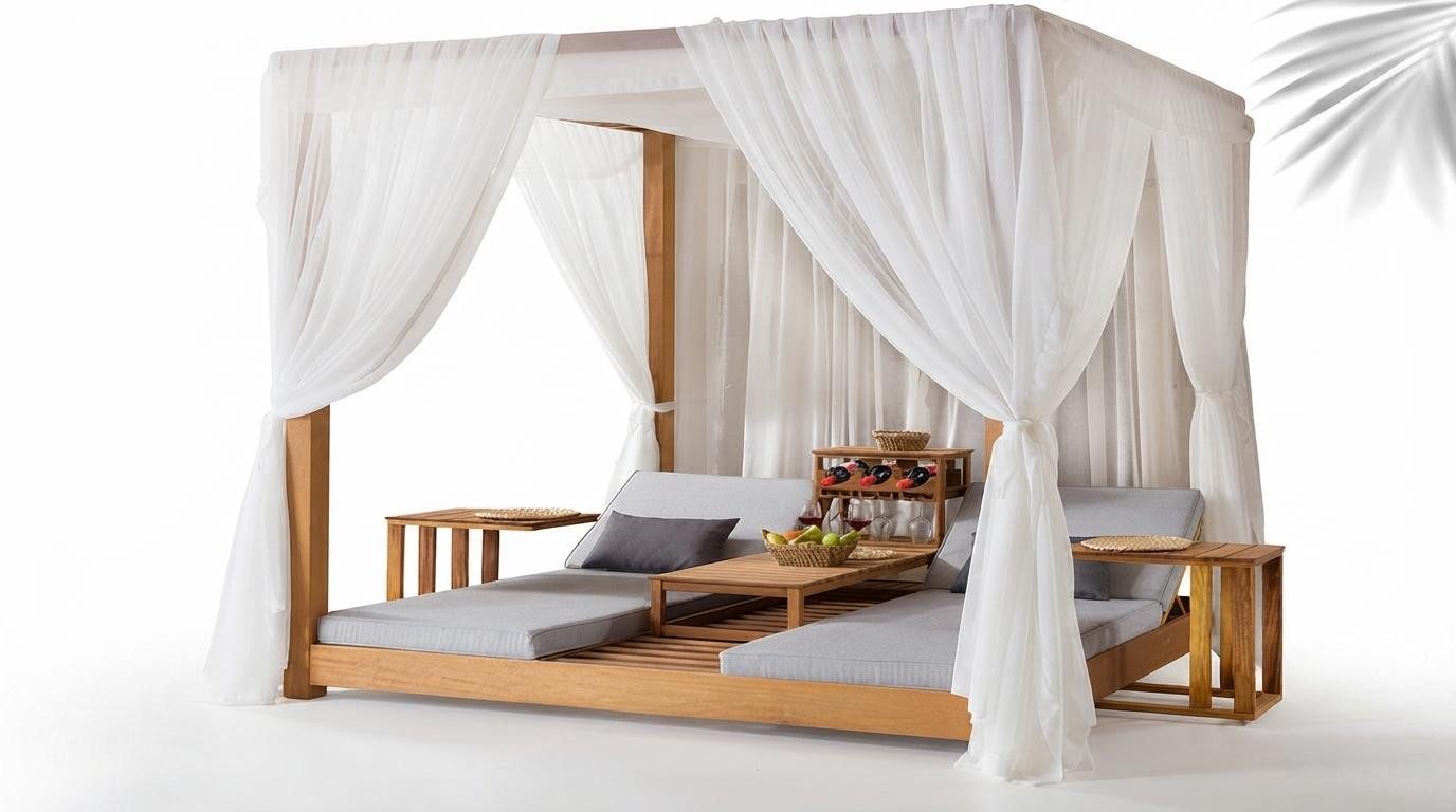 JVmoebel Himmelbett Luxus Sonneninsel Lounge-Bett Beige Holz mit Baldachin Garten (2-tlg., 2-tlg), Getränkehalter, Kissen mit Reißverschluss, Sitztiefenverstellung