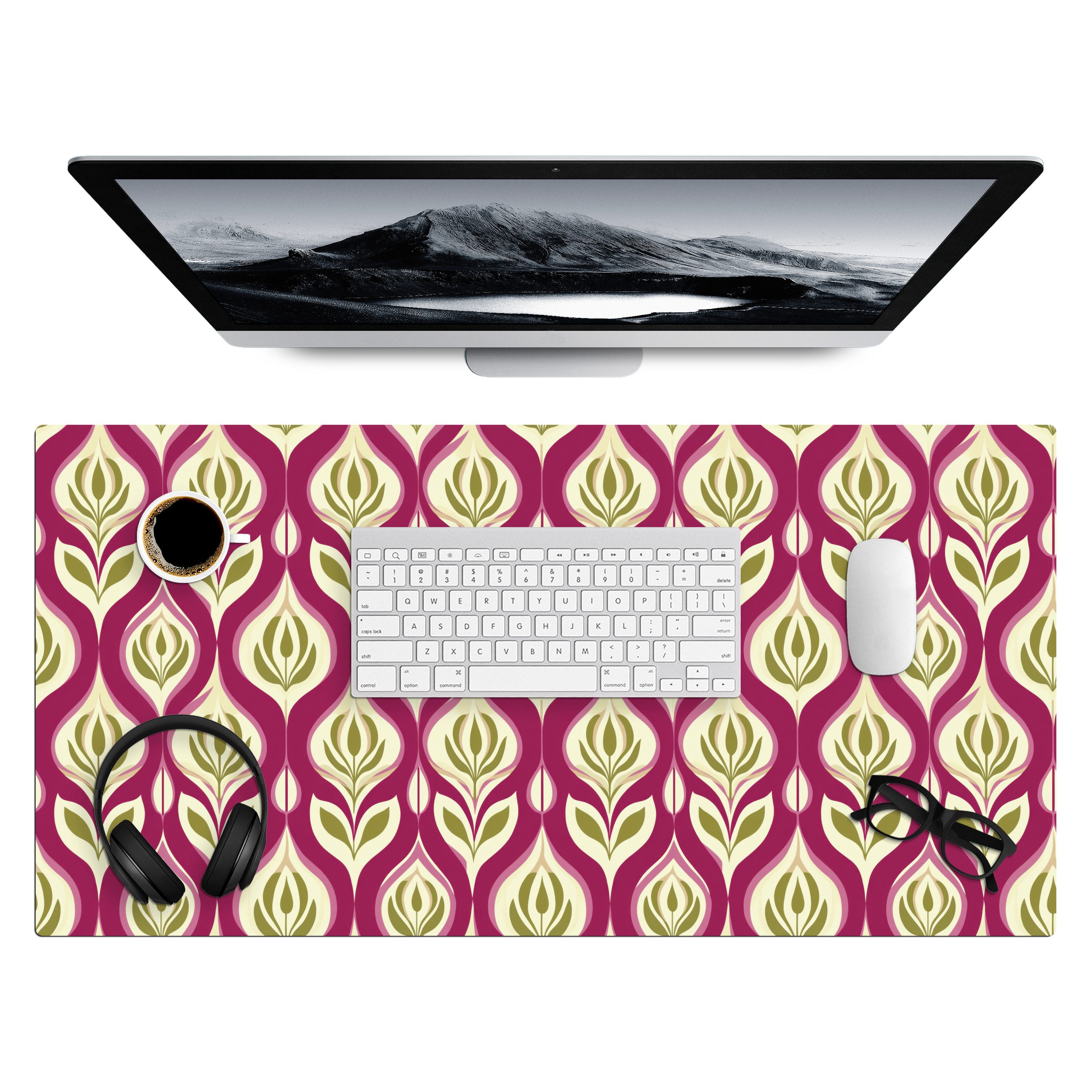 MuchoWow Gaming Mauspad Retro - Floral - Lila (1-St), Gaming Mauspad XXL, Schreibtischunterlage, Desk Mat Groß, 80x40 cm