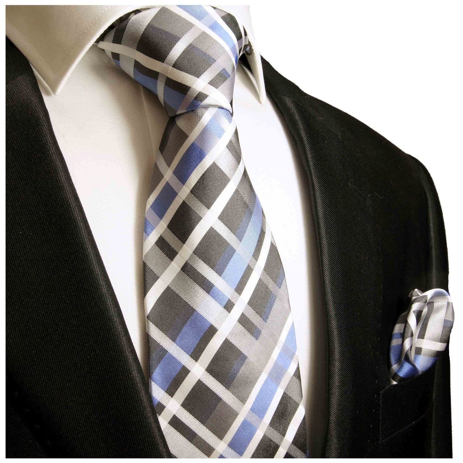 Einstecktuch) Herren Krawatte gestreift Tuch Seidenkrawatte 991 Schottenmuster 2-St., blau silber Paul Seide und (Set, Schmal 100% grau (6cm), Krawatte Malone mit