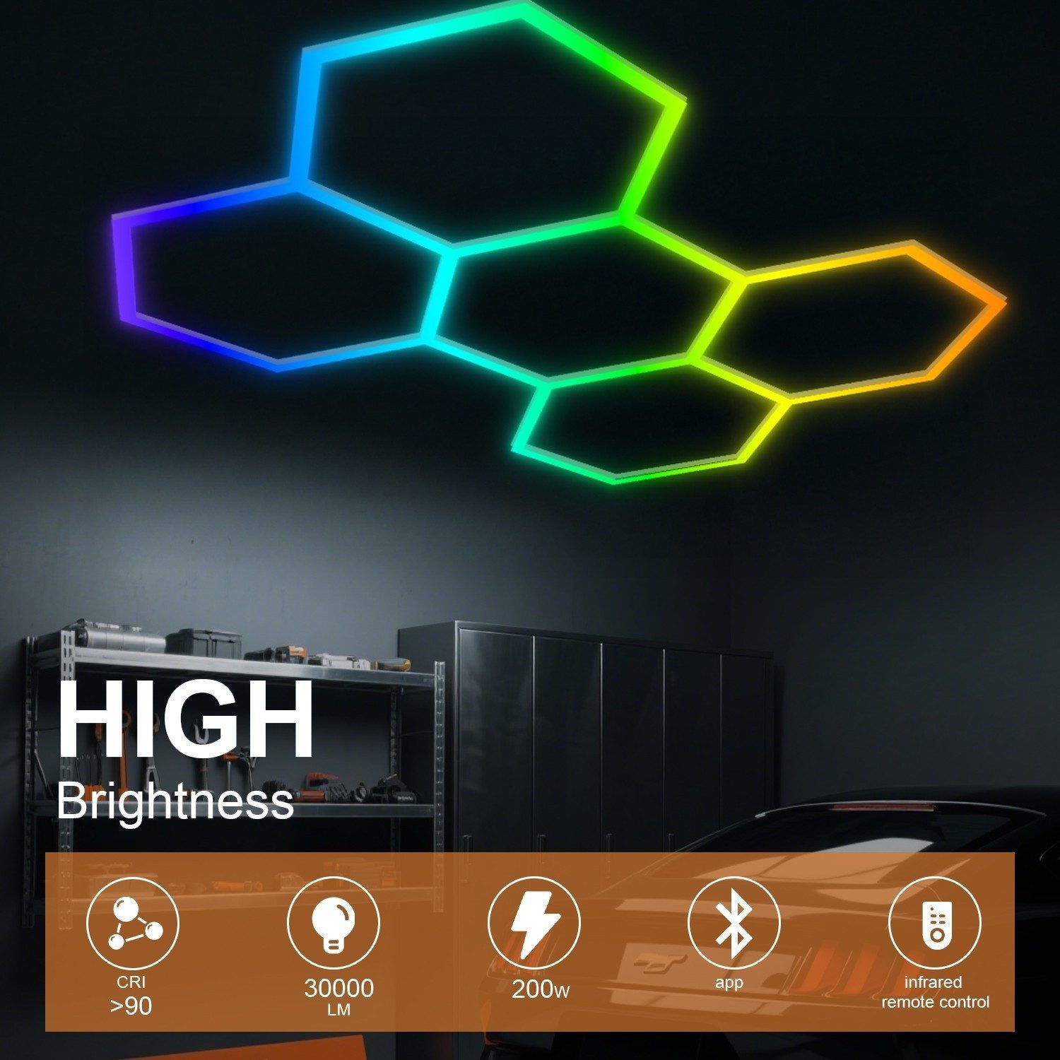 oyajia Deckenleuchten 5er-Pack Hexagon Deckenleuchte RGB LED Garage Light 200W LED Dekolicht, LED fest integriert, RGB, Mudikmodi, RGB, dimmbar, Ideal für Lager Werkstatt Gym, Esports Gaming