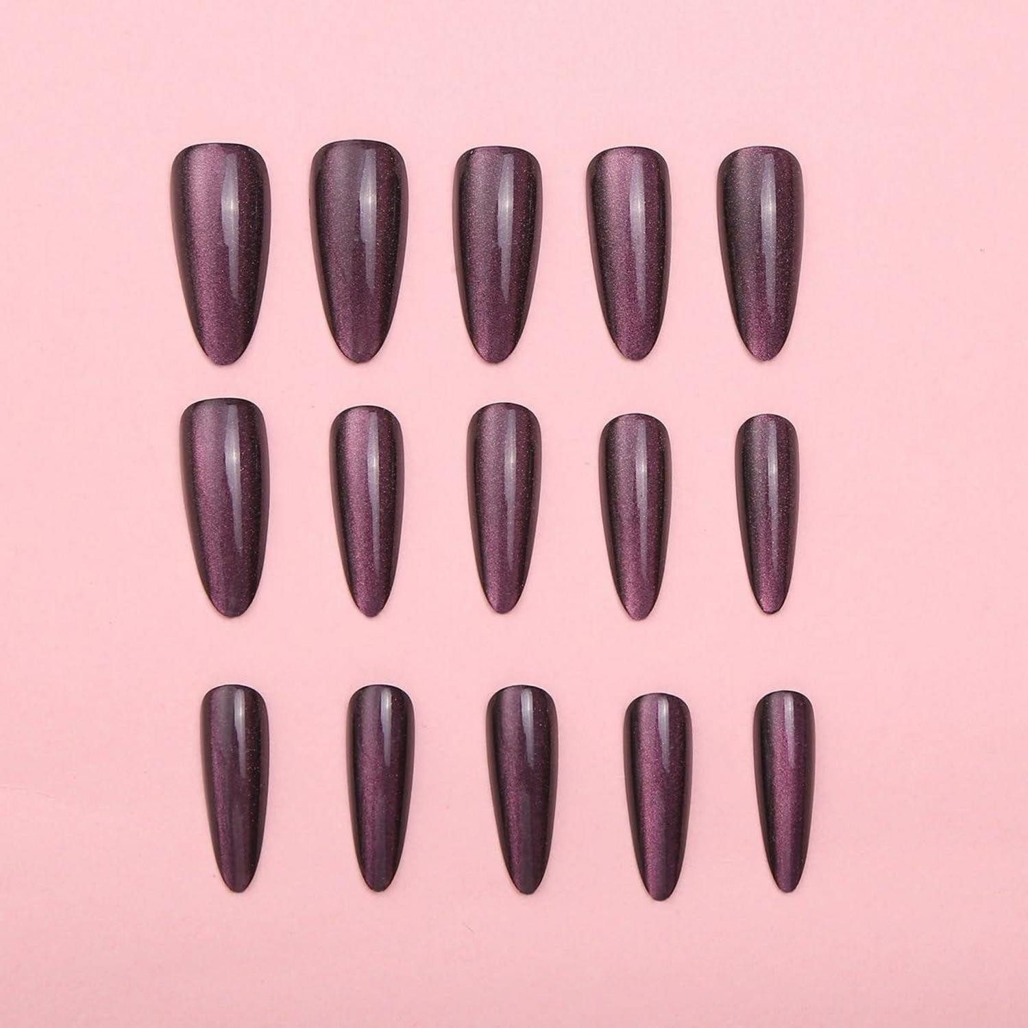LuxusKollektion Kunstfingernägel Fake Nails Stiletto Long Cat Eye Lila Magnetic Nagelkleber AHE11