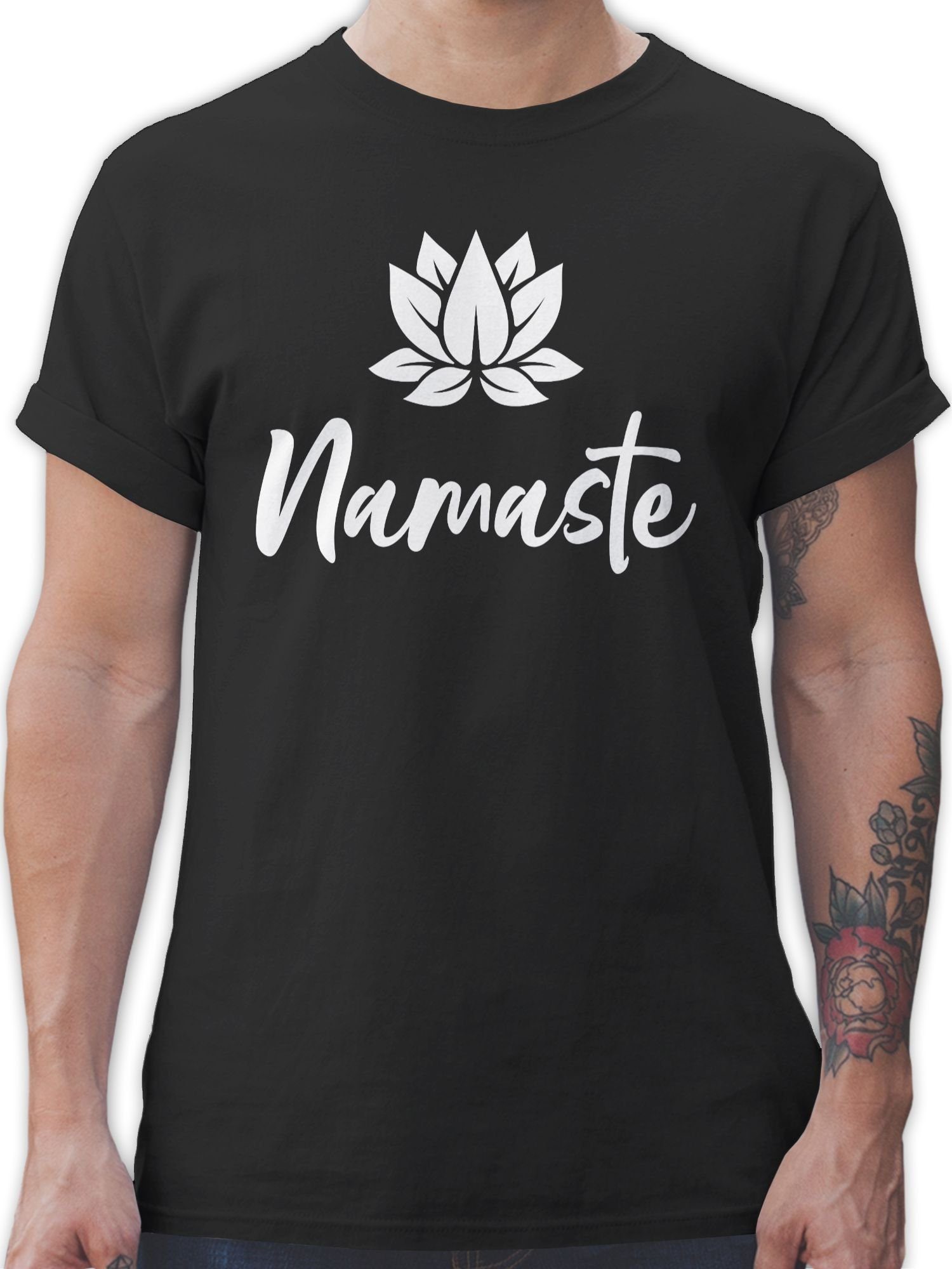 Shirtracer T-Shirt Namaste mit Lotusblüte weiß Yoga und Wellness Geschenk 02 Schwarz