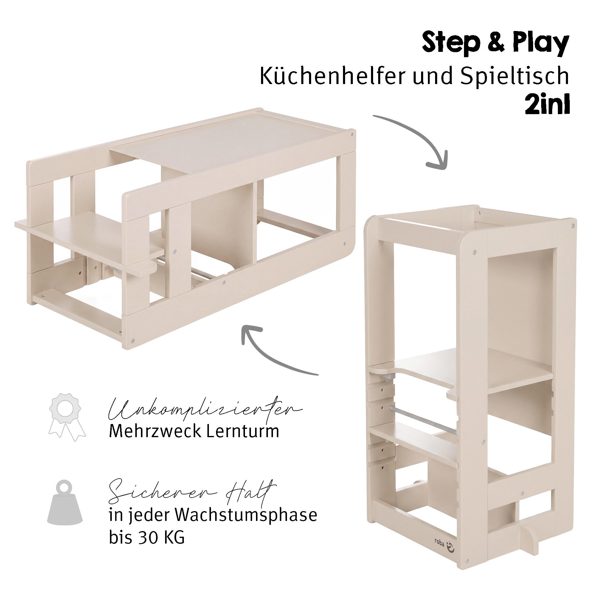 roba® Stehhilfe 2 in 1 Lernturm "Step & Play" - aus Holz - Montessori Küchenhelfer, auch nutzbar als Tisch mit Sitz - praktisch vielseitig – Bild 3 von 5