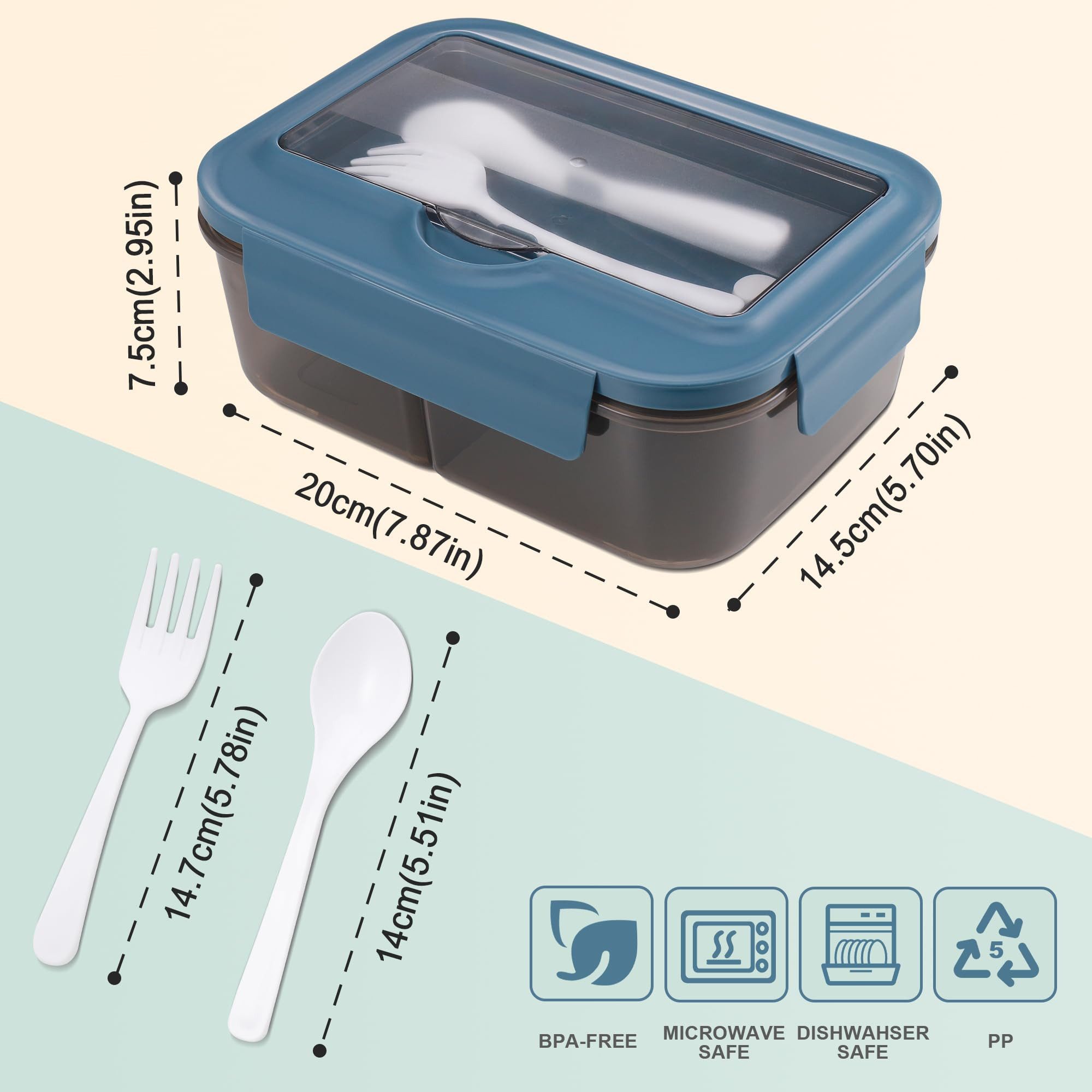 Diwzbyn Lunchbox Lunchbox 1400ml, 3 Fächer, Mit Löffel & Gabel, Auslaufsicher, Mikrowellen- & Spülmaschinengeeignet, Deckel als Handyhalter