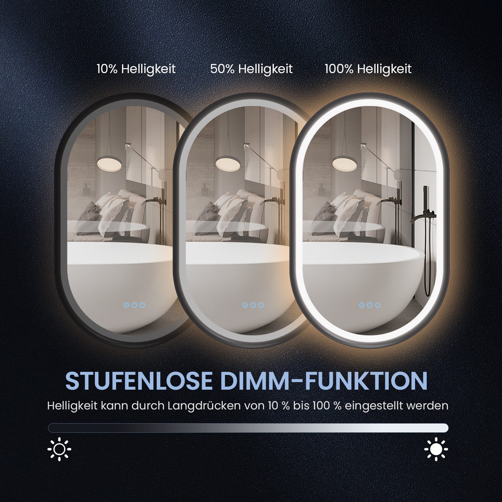 AQUABATOS Badspiegel mit Beleuchtung Ovaler LED Spiegel dimmbar Wandspiegel für Badezimmer, 50x80 / 60x90 cm, Beschlagfrei,Touch,Memory,Kaltweiß & Warmweiß,IP44 – Bild 5 von 5