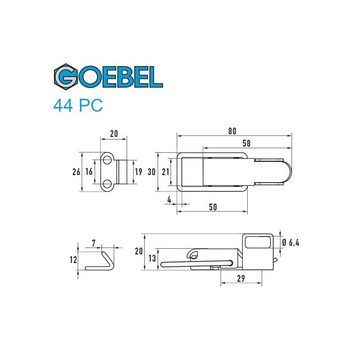 GOEBEL GmbH Kastenriegelschloss 5544511044, (50 x Spannverschluss mit Verschlussvorrichtung 44 PC Kappenschloss, 50-tlg., Kistenverschluss - Kofferverschluss - Hebel Verschluss), gerader Grundtplatte inkl. Gegenhaken Edelstahl A2 (V2A)