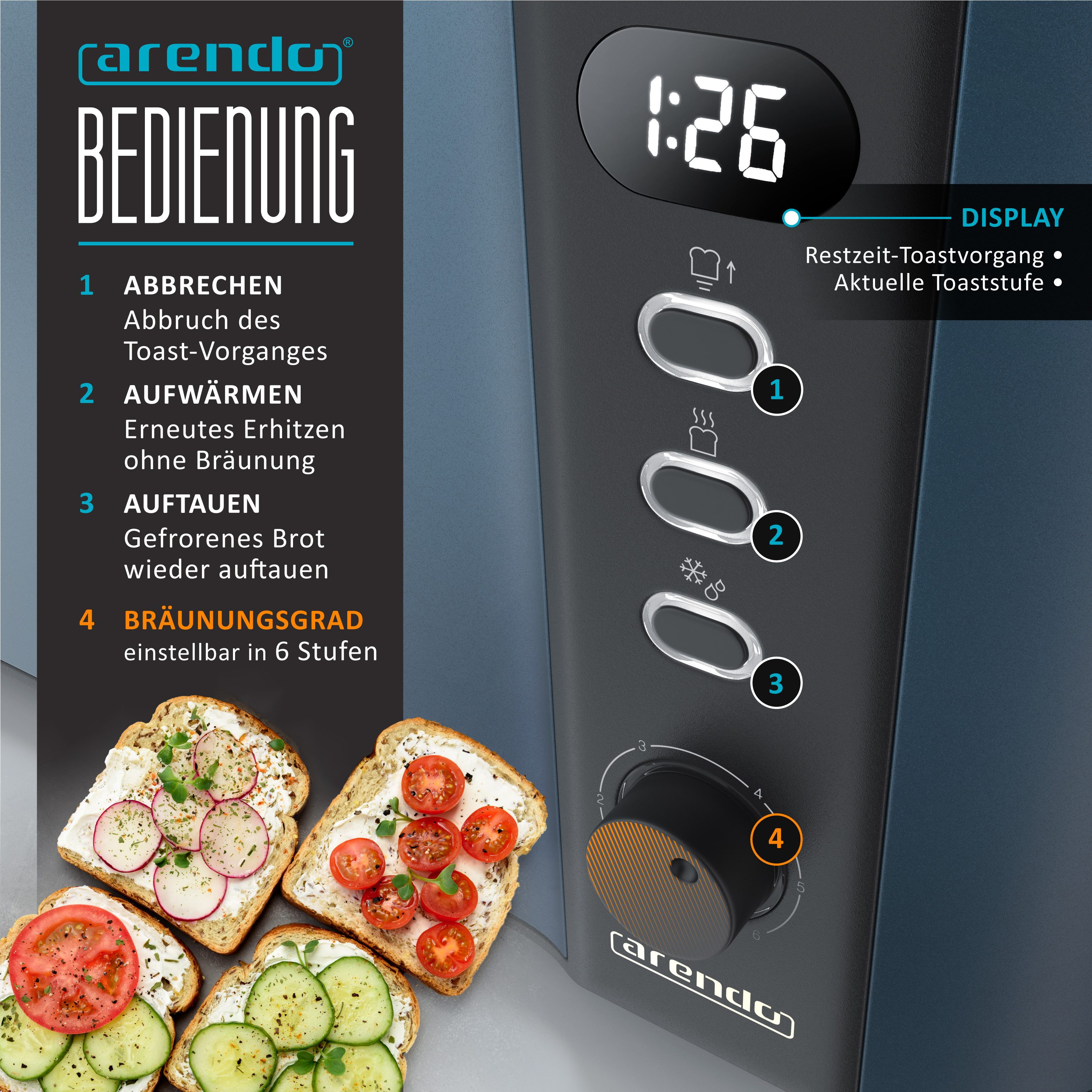 Arendo Toaster Edelstahl, Langschlitz, Display mit Restzeitanzeige, Krümelschublade, 2 lange Schlitze, für 4 Scheiben, 1500 W, Defrost Funktion, Wärmeisolierendes Gehäuse, mit Brötchenaufsatz