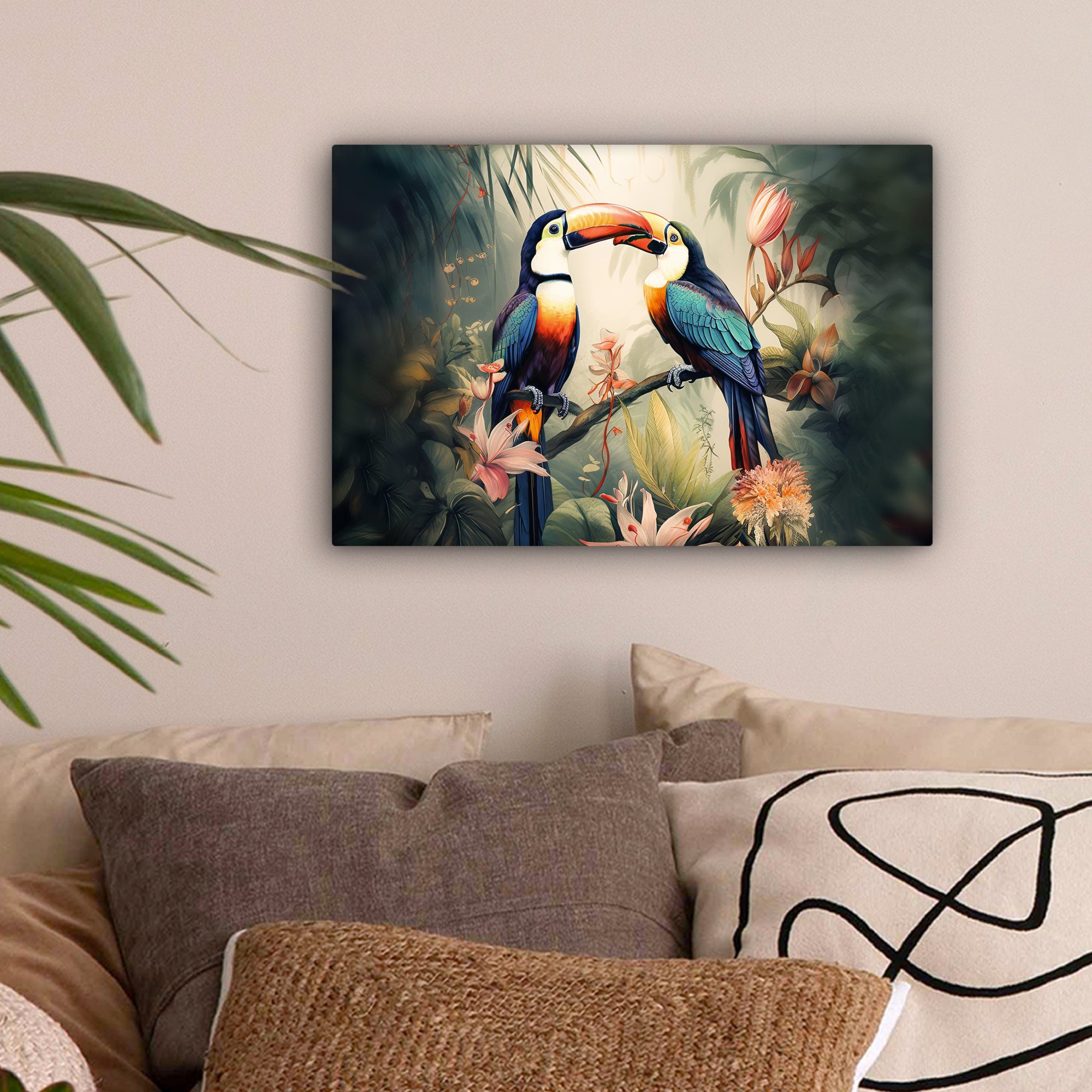 OneMillionCanvasses® Leinwandbild Tukan - Vögel - Blumen - Natur - Dschunge günstig online kaufen