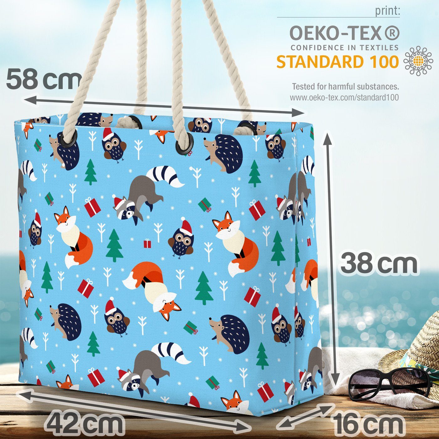 Waschbär Strandtasche VOID Eule Bag Kinder Waldtiere Fuchs Igel (1-tlg), Beach Weihnachten Tiere Märchen