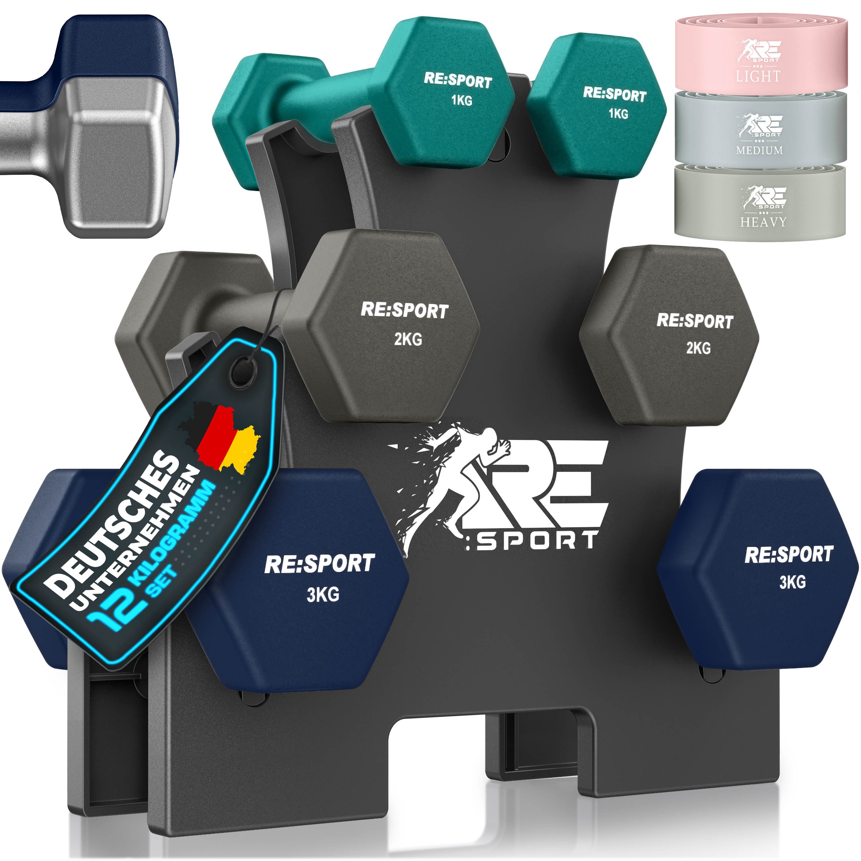 RE:SPORT Hantel-Set Hantelset mit Ständer inkl. Fitnessbänder, (Hanteln Hantelset für Damen & Herren), Hanteln Set Neopren 3 Paar mit Ständer