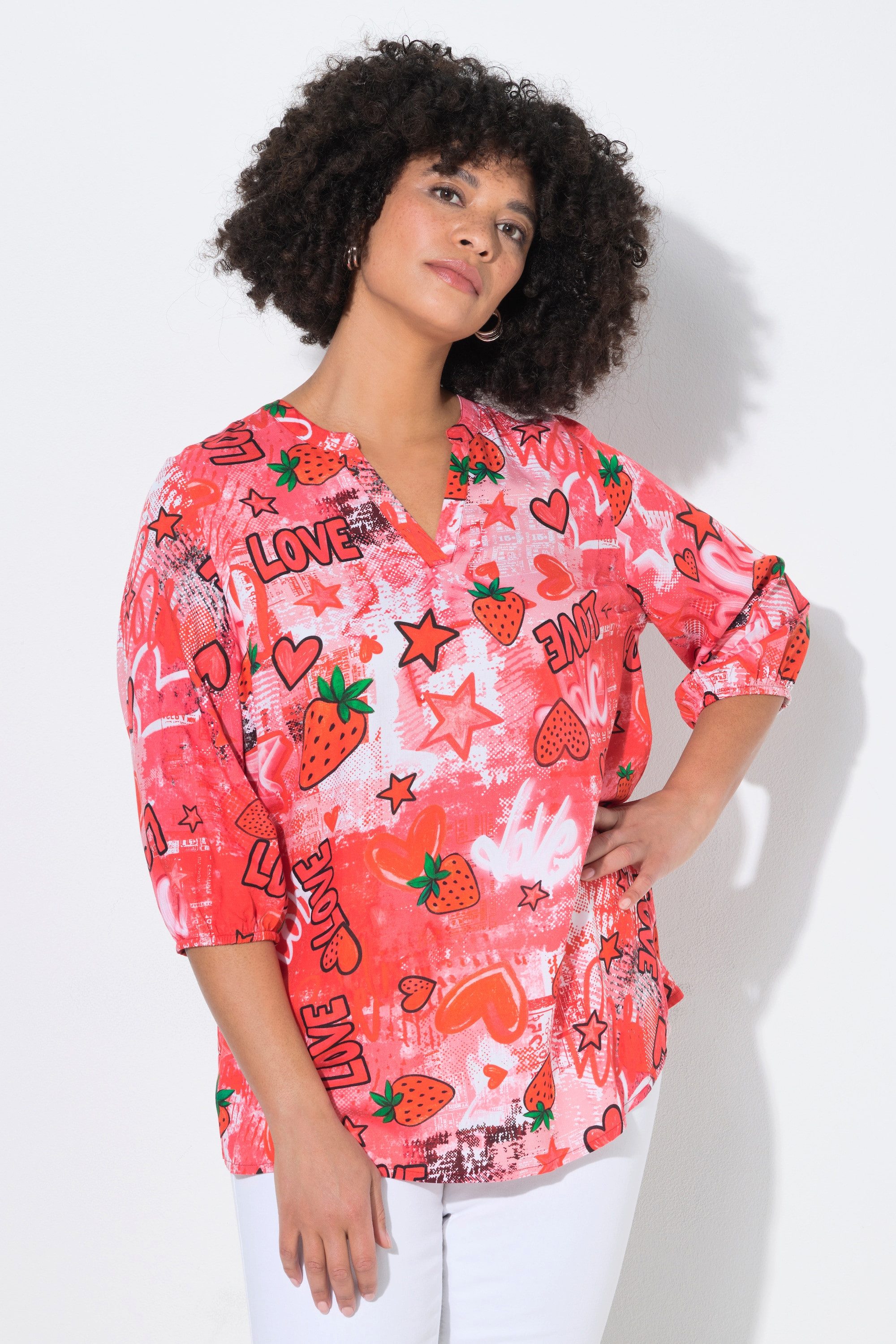 Angel of Style Longbluse Bluse A-Linie Erdbeeren und Herzen 3/4-Ärmel