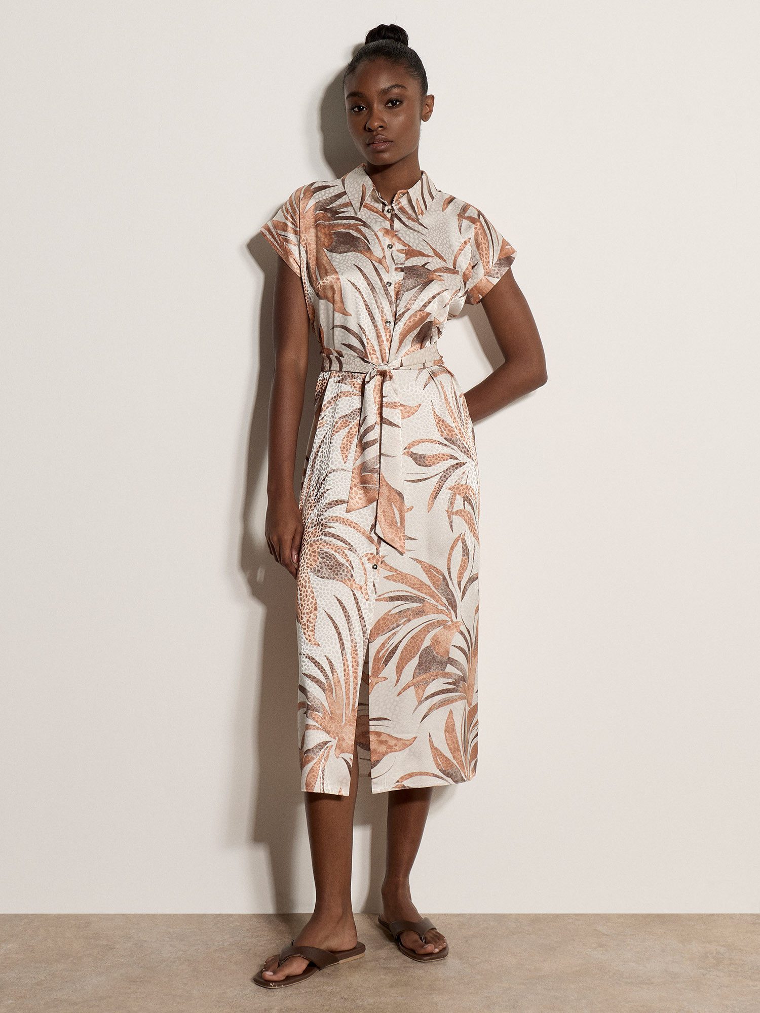 Apricot Midikleid Satinkleid (mit Bindeband) mit Blattmuster und Bindeband