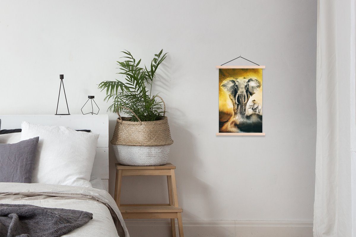 Wohnzimmer, Bilderleiste, - Elefant Gelb, für (1 Magnetisch Posterleiste, St), Aquarellfarbe - Textilposter MuchoWow Poster