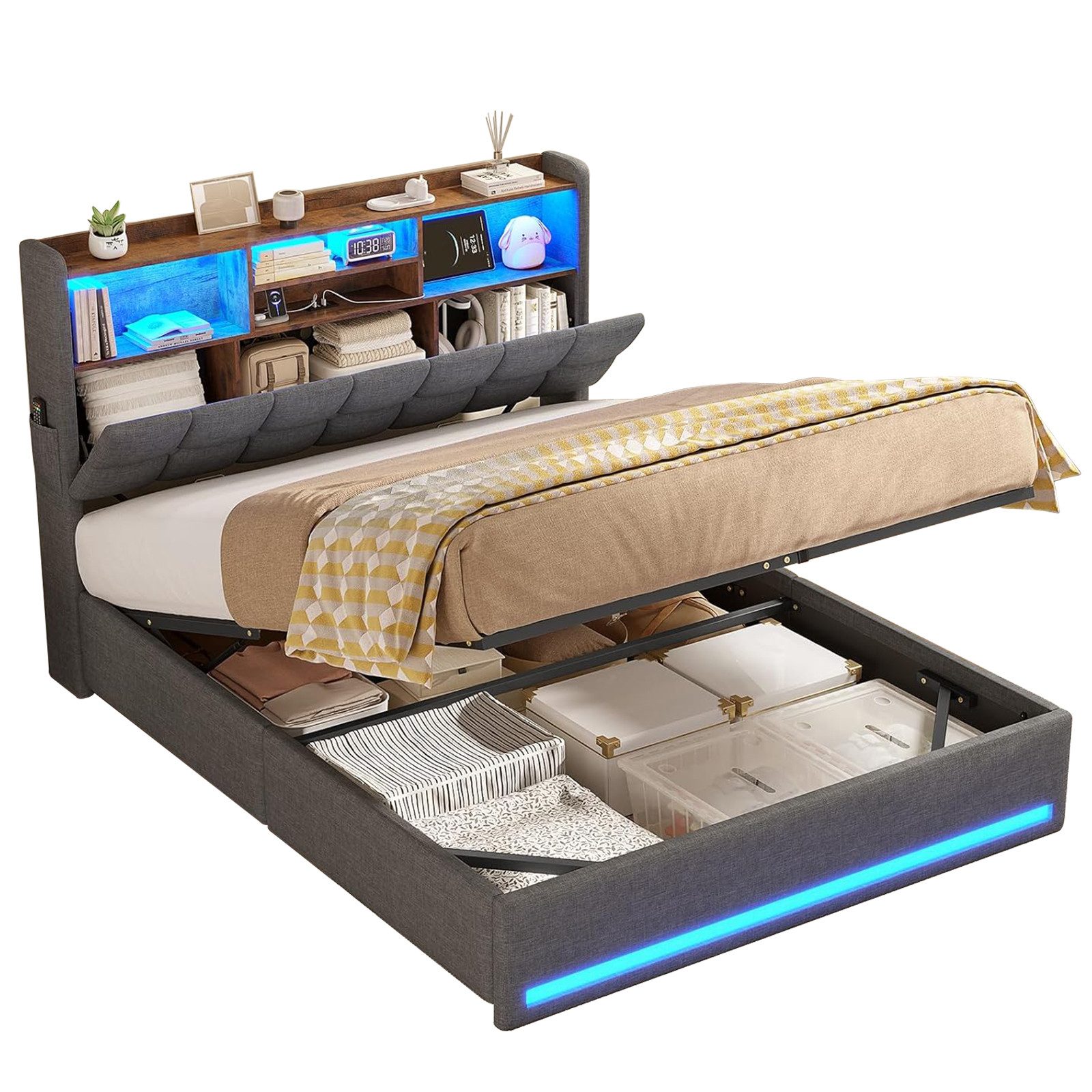 MSMASK Polsterbett Hydraulisches Stauraumbett mit LED-Bleuchtung, günstig online kaufen