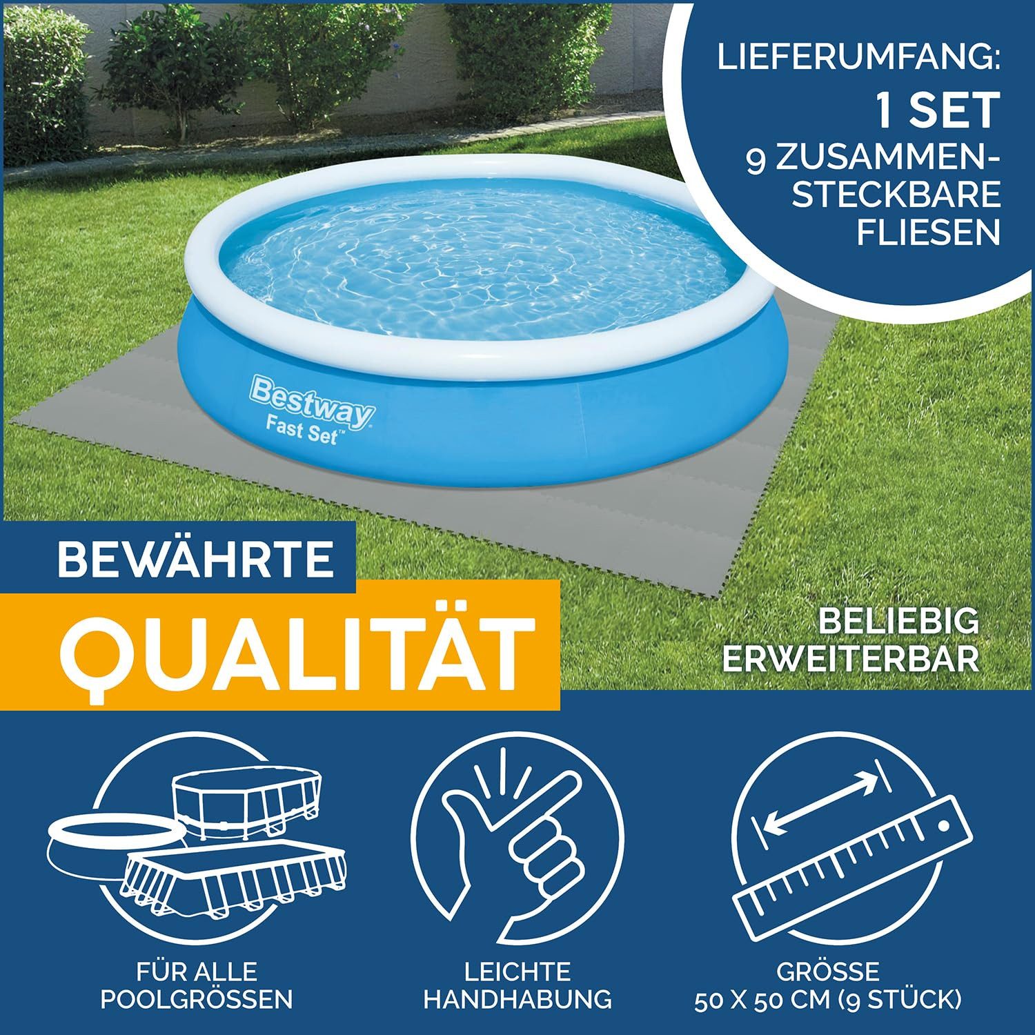 Bestway Pool-Bodenschutzfliese Pool-Bodenschutzfliesen Set XL-Pack 18 Stück á 50 x 50 cm, 4,5 m², Grau, idealer Schutz für Pool & Rasen