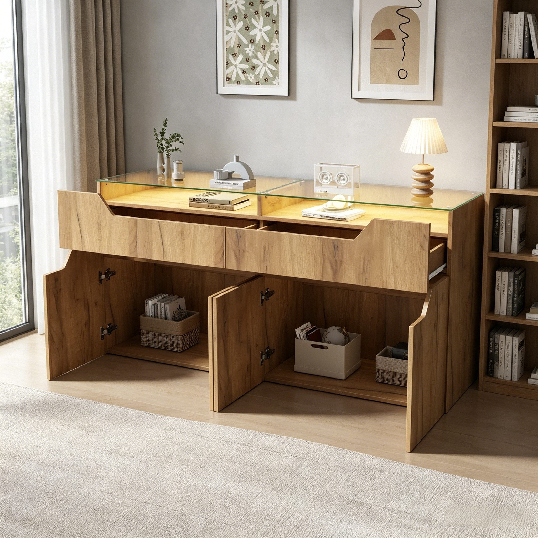 Merax Sideboard mit LED-Beleuchtung, Aufbewahrungsschrank Buffetschrank Anrichte (1 St), Kommode mit 2 Schubladen, 4 Türen, gehärteter Glasplatte & Stauraum