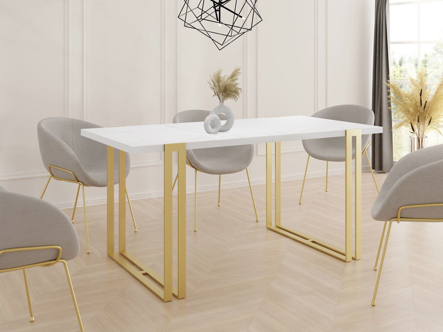 Ausziehbar Esstisch Loft-Stil GROUP im Marco Glamour Weiß Gold, mit Tisch WFL Metallbeinen