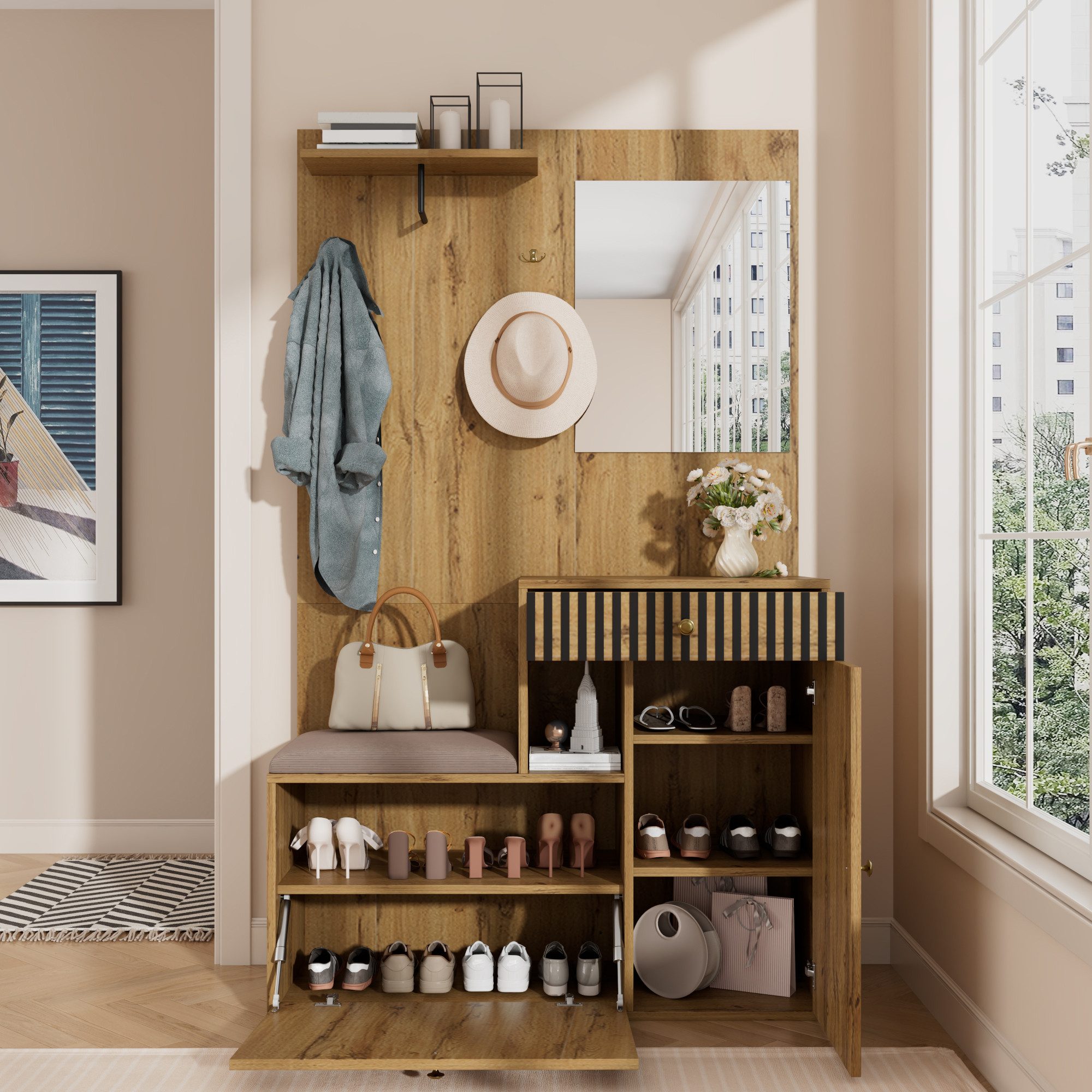 KLAM HOME Garderoben-Set Garderobenset mit Spiegel und Polsterkissen 110x18 günstig online kaufen