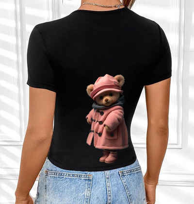 RMK Kurzarmshirt Damen T-Shirt kurzarm Top Sommer Rundhals süßer Teddybär Bär Brille aus Baumwolle, mit lizenziertem Originaldesign
